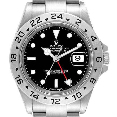 The image shows a front view of the Rolex Explorer II watch, highlighting the black dial, date window, and engraved bezel.