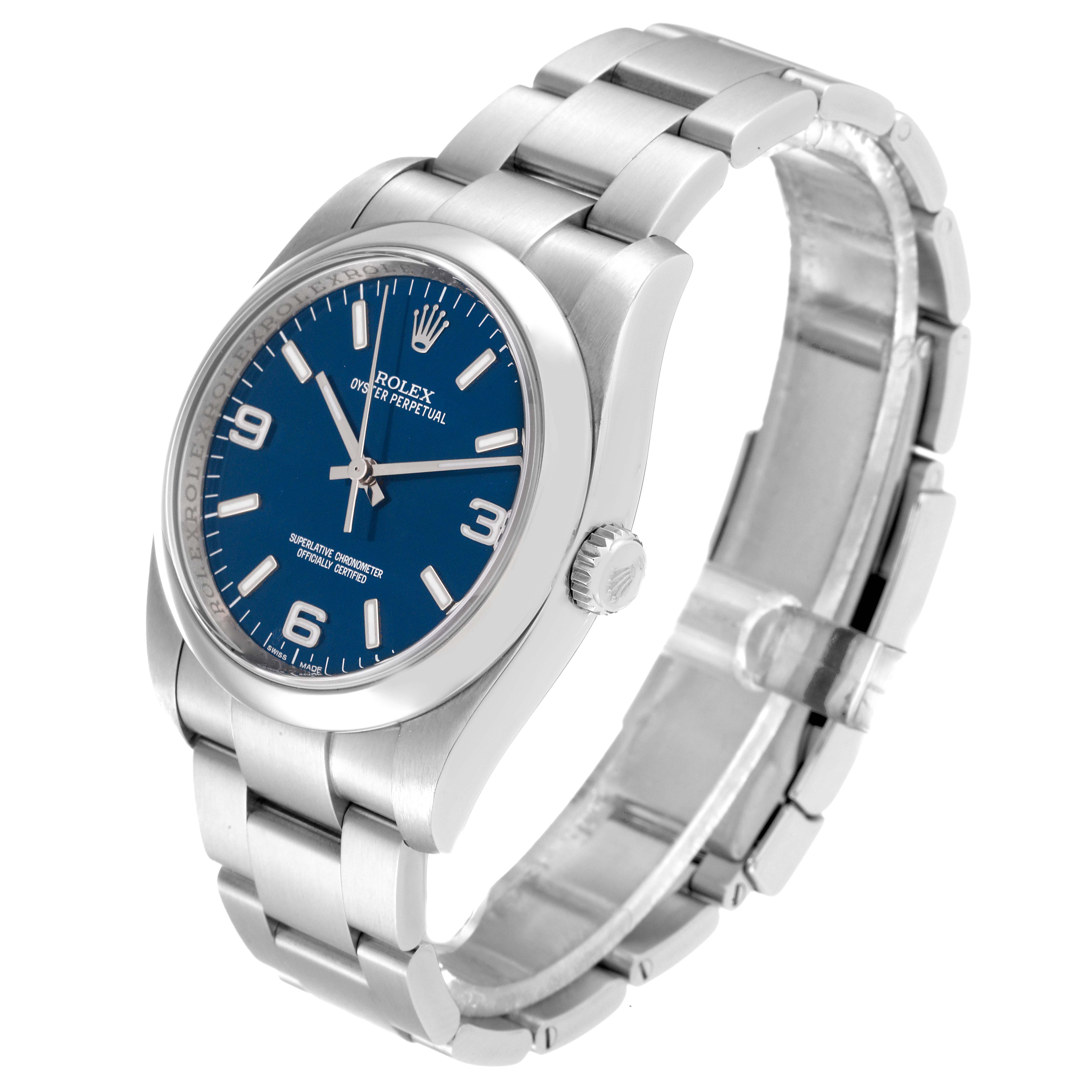 This image shows a Rolex Oyster Perpetual 116000 Men
s Stainless Steel Blue Dial 116000 Men
s Stainless Steel Blue Dial watch from a three-quarter angle, highlighting the face, bezel, and bracelet.