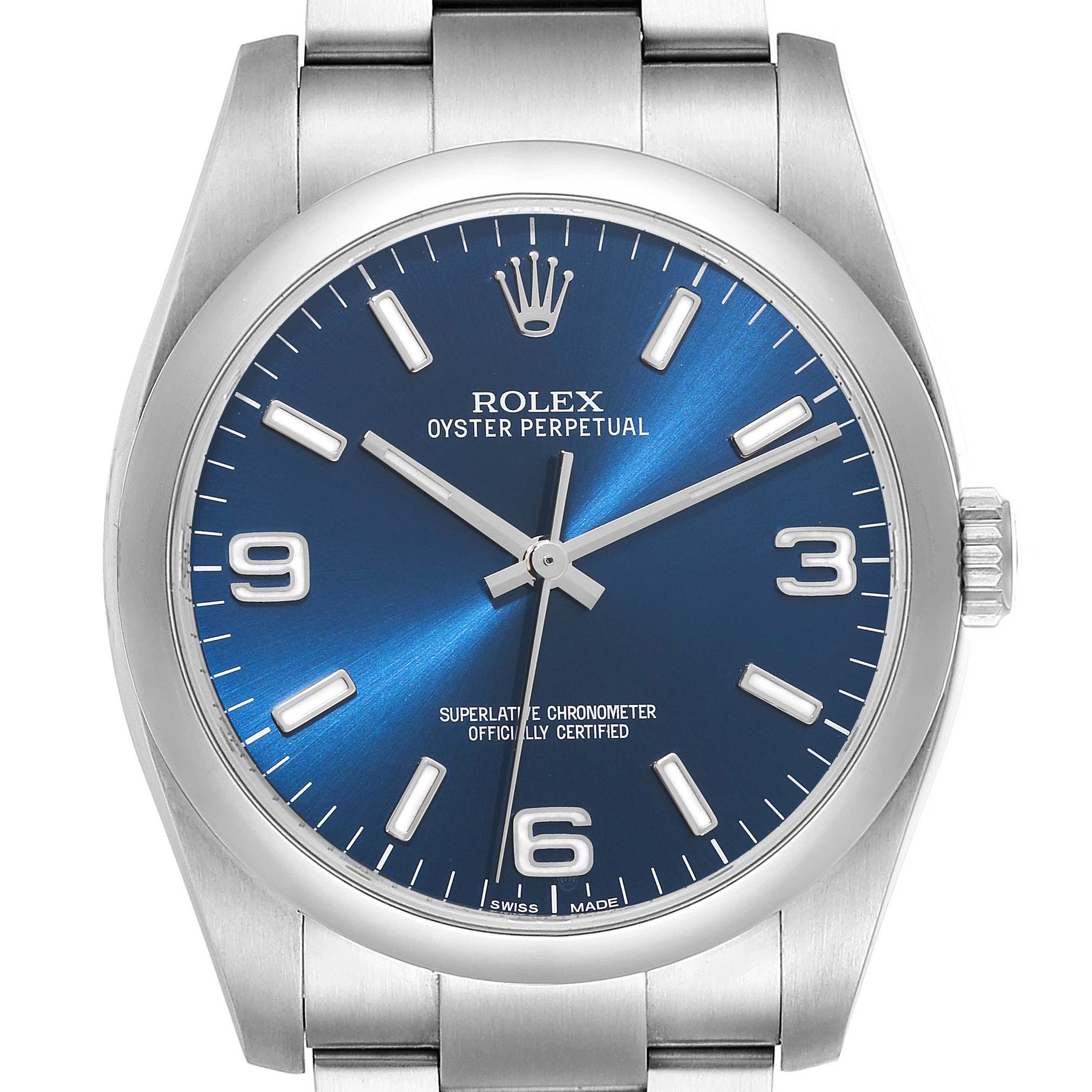 The image shows a front view of the Rolex Oyster Perpetual 116000 Men
s Stainless Steel Blue Dial 116000 Men
s Stainless Steel Blue Dial watch featuring its blue dial and stainless steel bracelet.