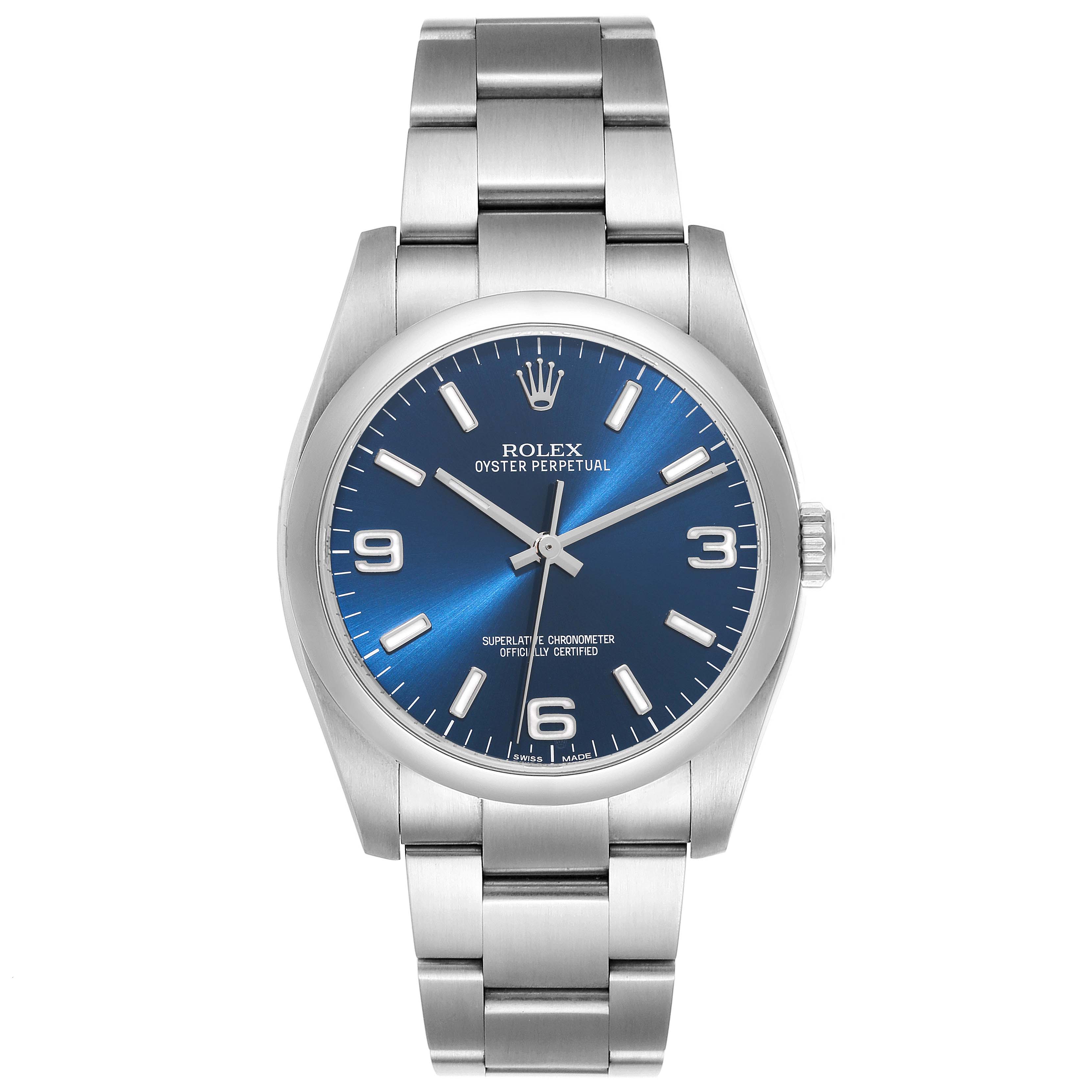 This front-angle view shows the face, bezel, and stainless steel bracelet of the Rolex Oyster Perpetual 116000 Men
s Stainless Steel Blue Dial 116000 Men
s Stainless Steel Blue Dial model.
