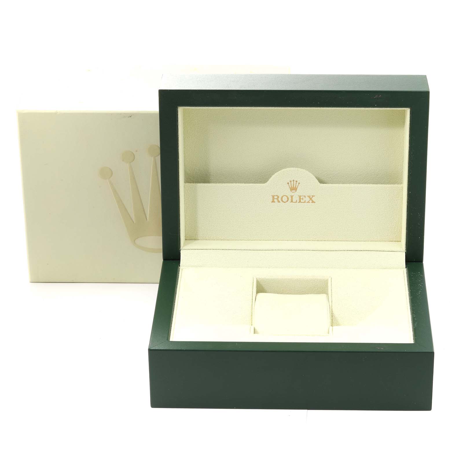 This image shows an open green and beige Rolex watch box for the Oyster Perpetual model, with the Rolex logo inside.