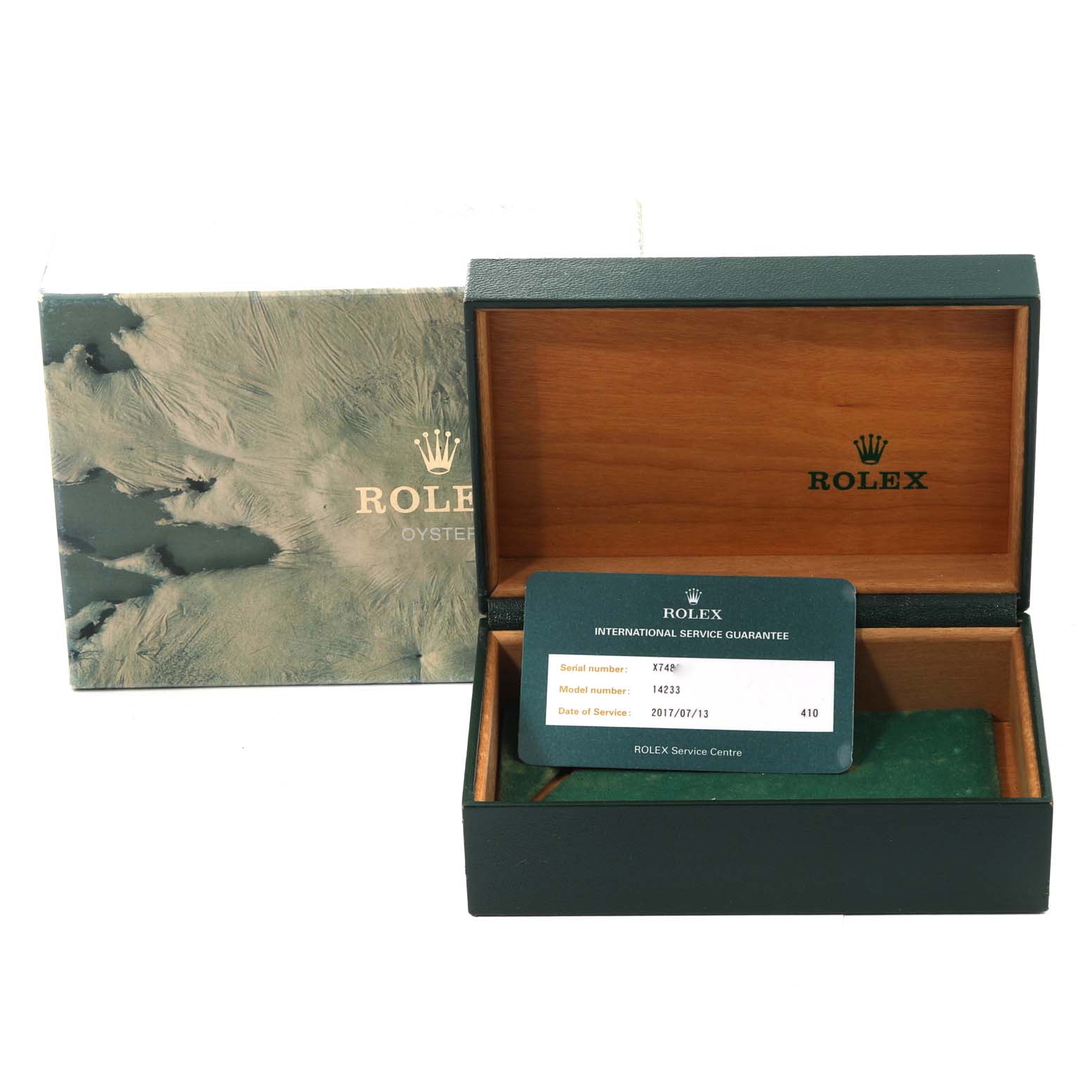 This image shows the box and warranty card of a Rolex Oyster Perpetual 14233 Men's Steel and Gold (two tone) Grey Dial 14233 Men's Steel and Gold (two tone) Grey Dial watch, with the box open and the card displayed inside.