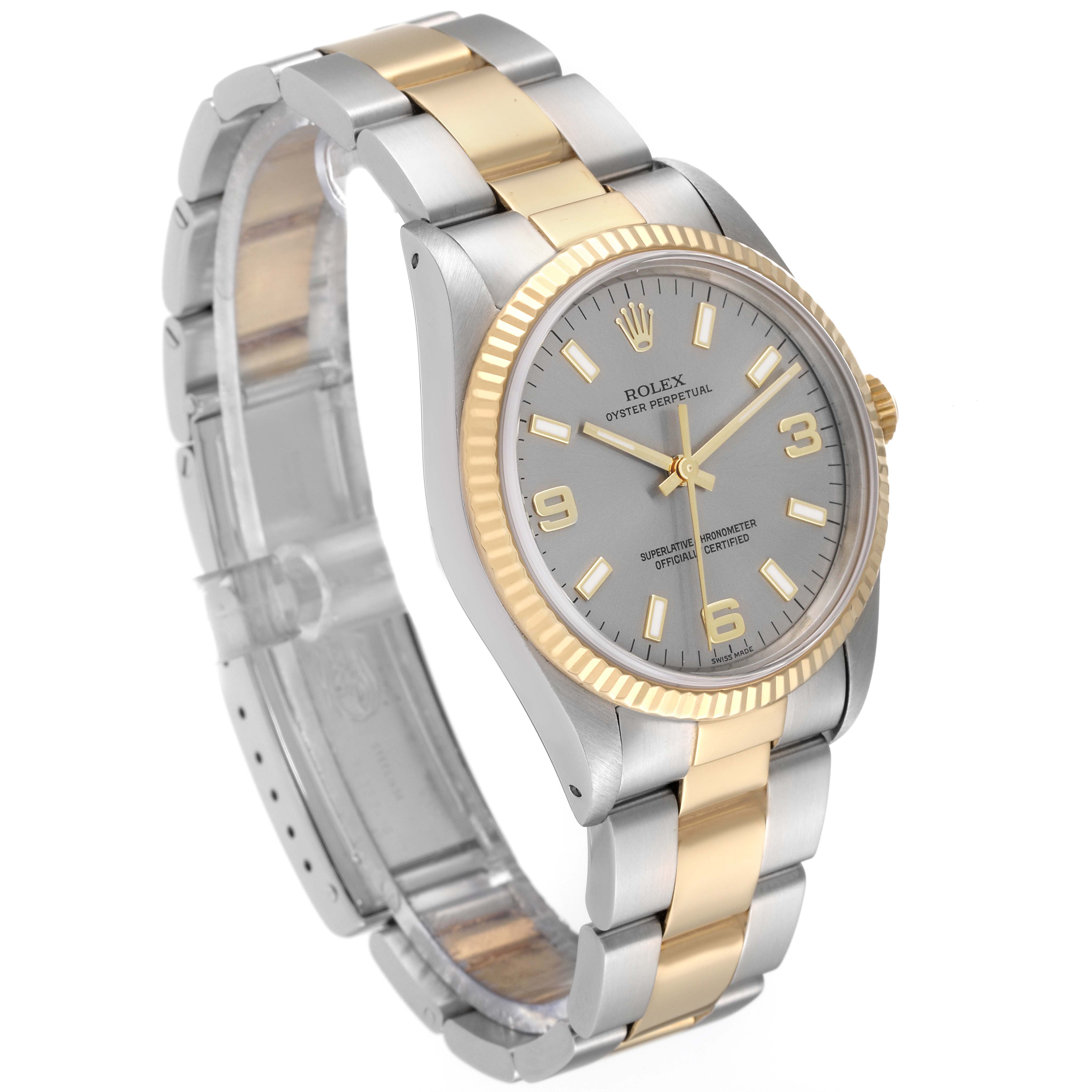 The image shows a Rolex Oyster Perpetual 14233 Men's Steel and Gold (two tone) Grey Dial 14233 Men's Steel and Gold (two tone) Grey Dial watch at a slight angle, displaying the dial, band, and crown.