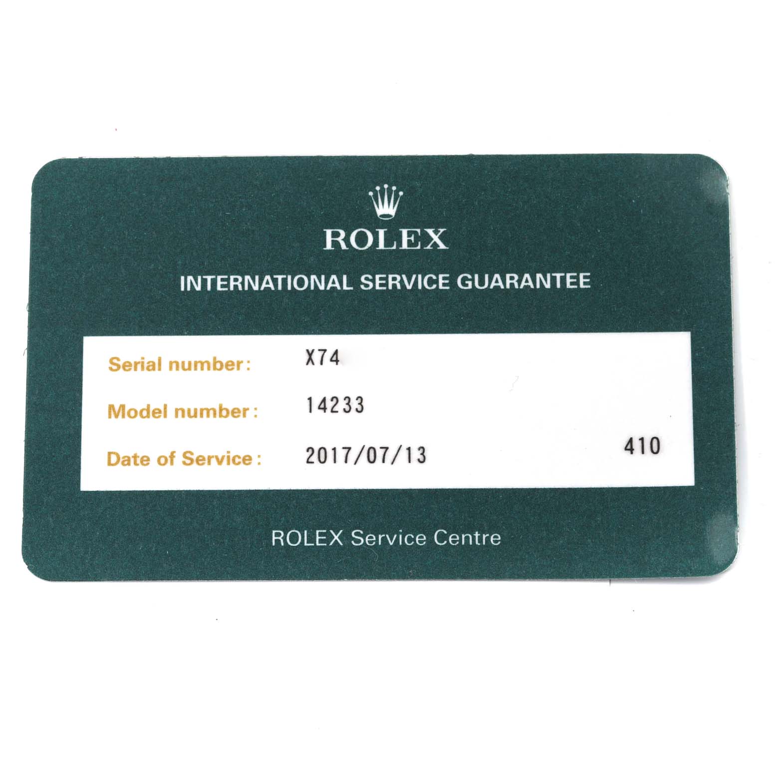 The image shows an international service guarantee card for a Rolex Oyster Perpetual 14233 Men's Steel and Gold (two tone) Grey Dial 14233 Men's Steel and Gold (two tone) Grey Dial model with the number 14233.