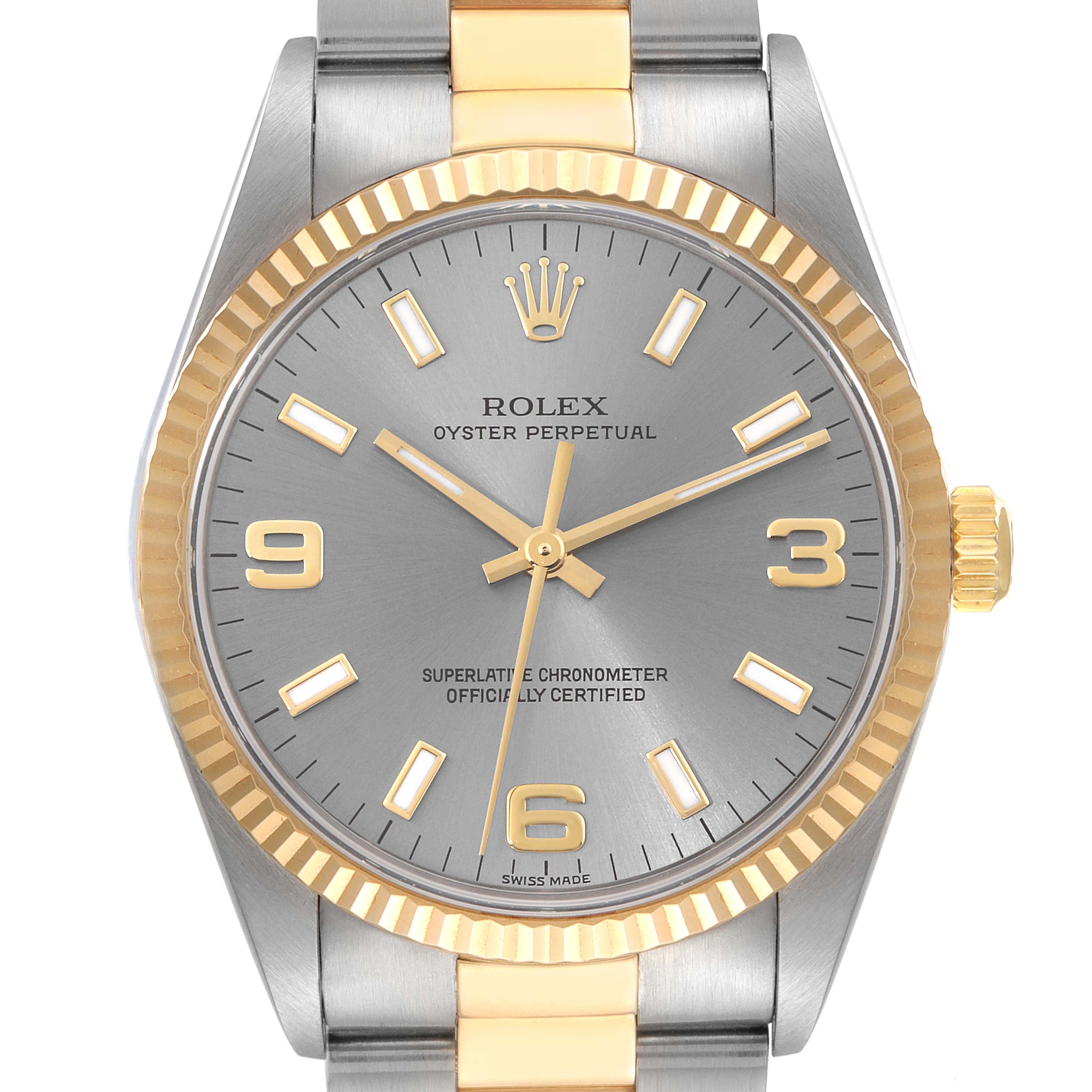 The image shows a front view of the Rolex Oyster Perpetual 14233 Men's Steel and Gold (two tone) Grey Dial 14233 Men's Steel and Gold (two tone) Grey Dial watch, highlighting its dial, bezel, and part of the bracelet.