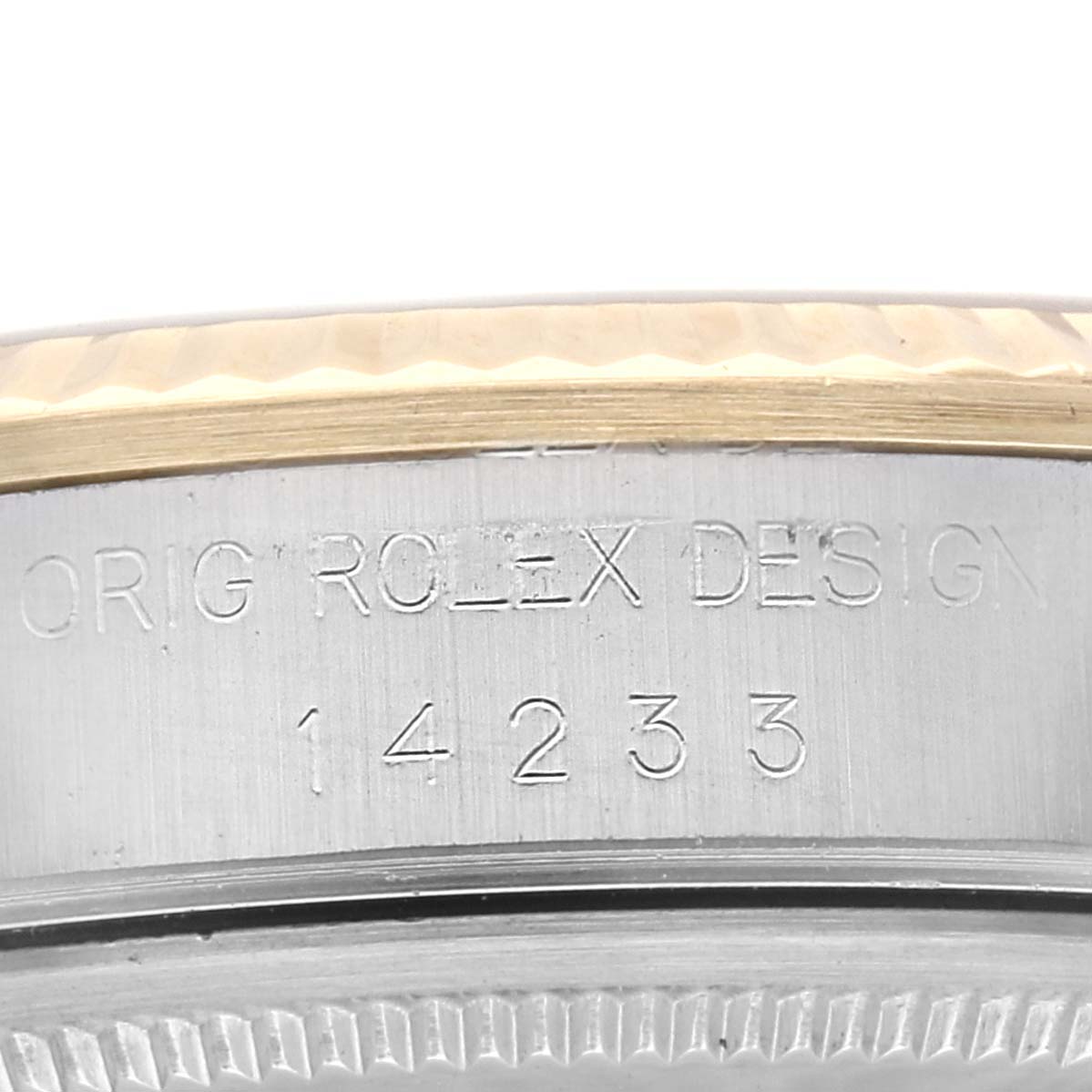 This image shows a close-up of the side of the case of a Rolex Oyster Perpetual 14233 Men's Steel and Gold (two tone) Grey Dial 14233 Men's Steel and Gold (two tone) Grey Dial watch, displaying the model number "14233" and "ORIG ROLEX DESIGN" engraving.