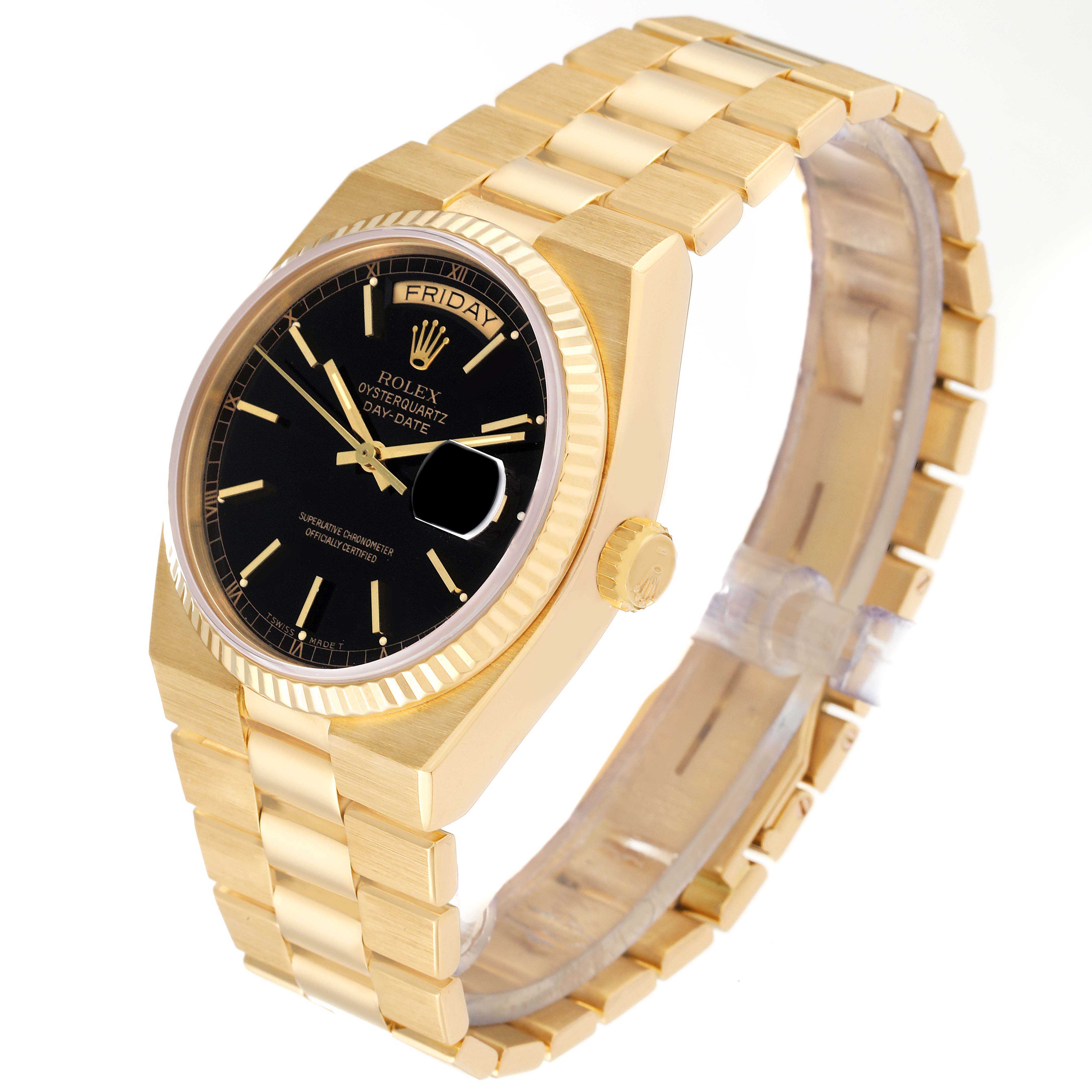 The Rolex Oysterquartz 19018 Men's Yellow Gold Black Dial 19018 Men's Yellow Gold Black Dial watch is shown in a three-quarter view angle, highlighting the black dial, gold case, fluted bezel, and bracelet.