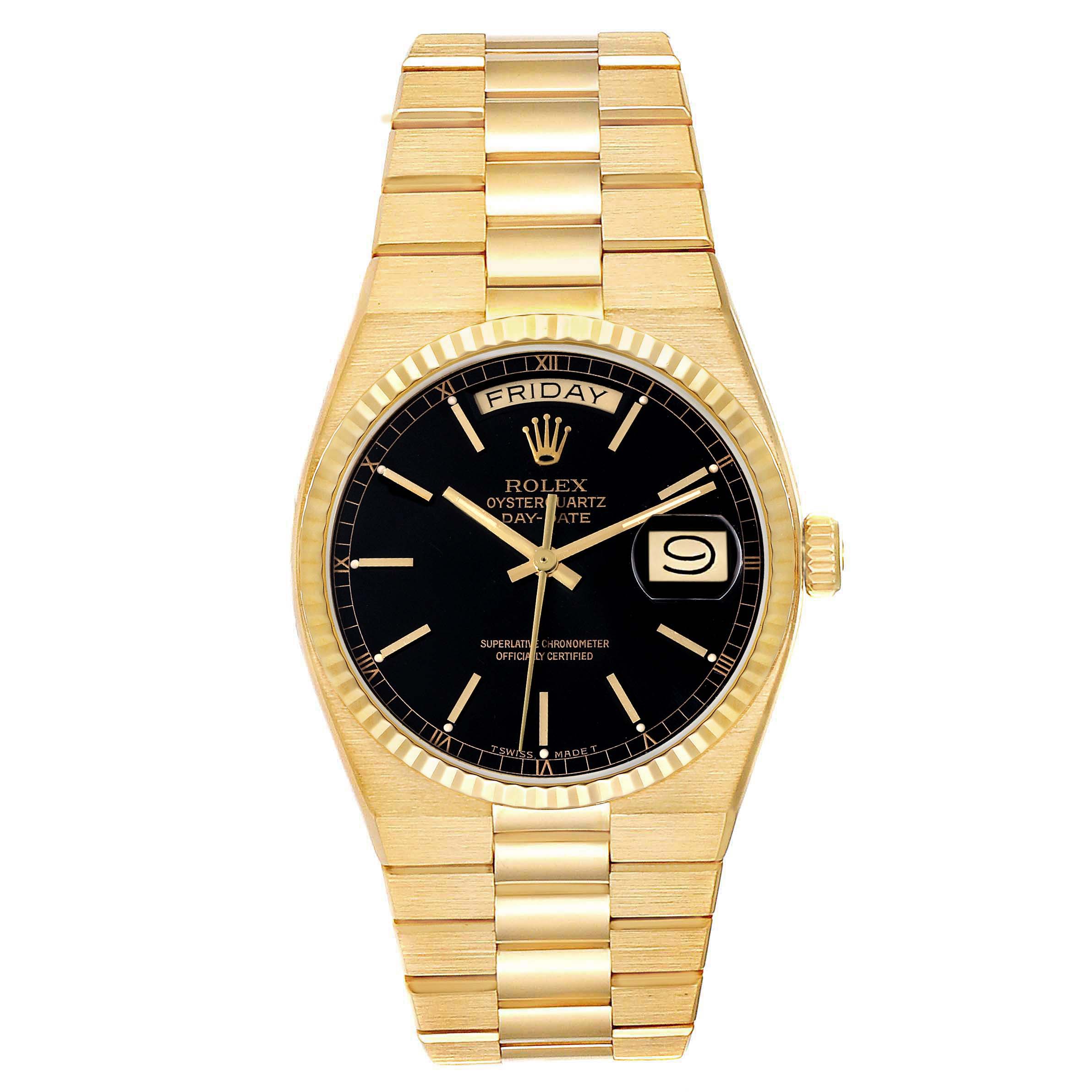 The image shows a front view of a Rolex Oysterquartz 19018 Men's Yellow Gold Black Dial 19018 Men's Yellow Gold Black Dial watch, highlighting its gold bracelet, black dial, and day-date display.