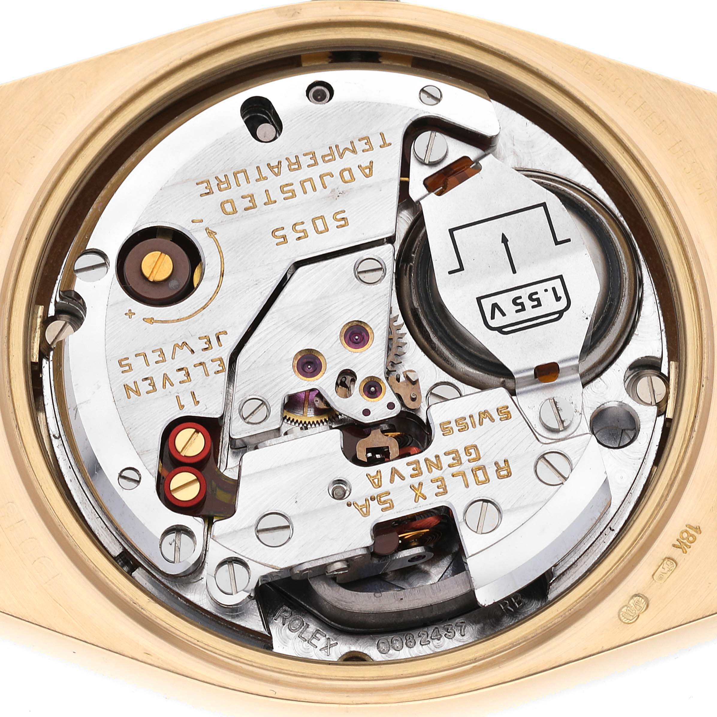 The image shows a close-up view of the quartz movement mechanism inside a Rolex Oysterquartz 19018 Men's Yellow Gold Black Dial 19018 Men's Yellow Gold Black Dial watch.