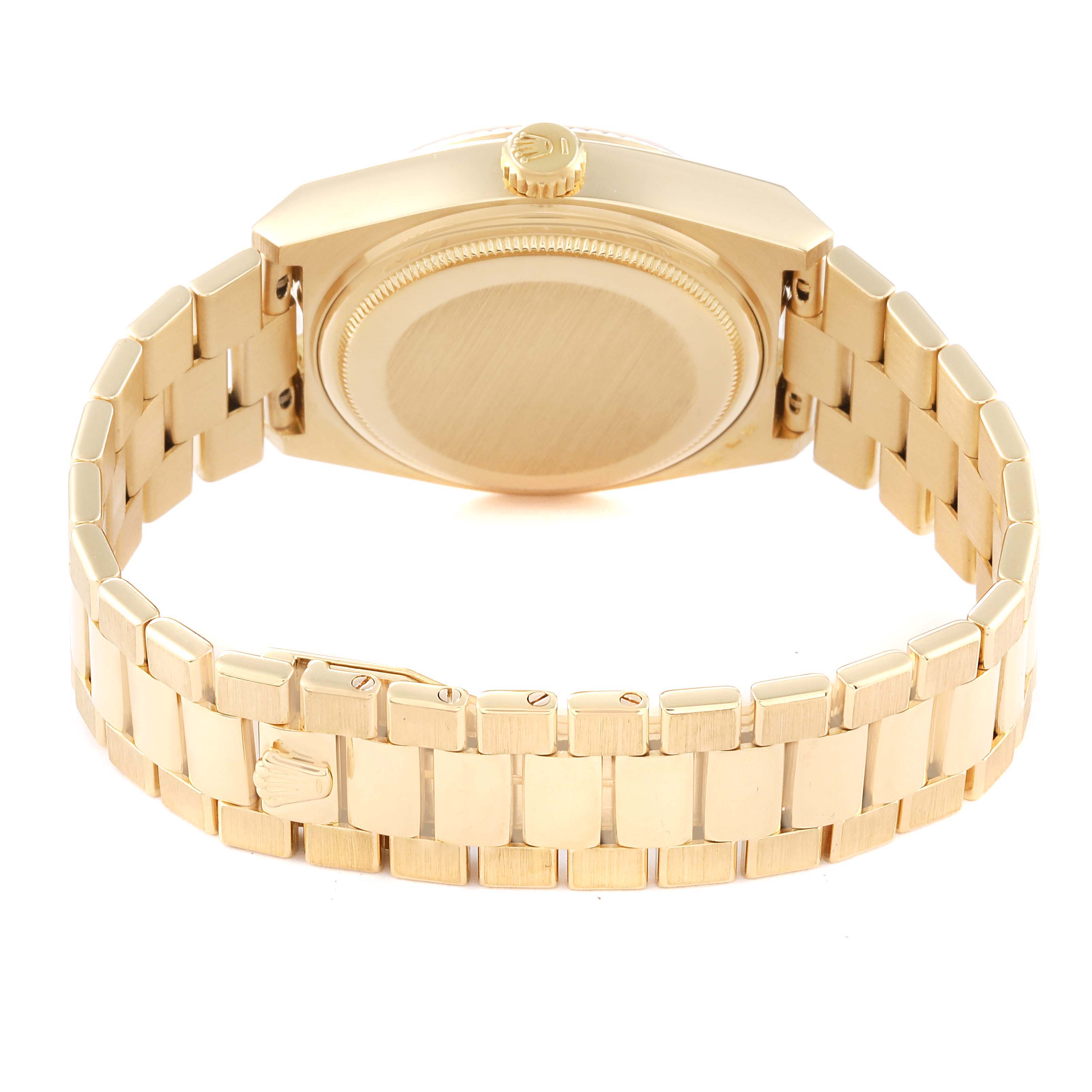 The image shows the back view of a Rolex Oysterquartz 19018 Men's Yellow Gold Black Dial 19018 Men's Yellow Gold Black Dial watch, highlighting the case back, crown, and bracelet.