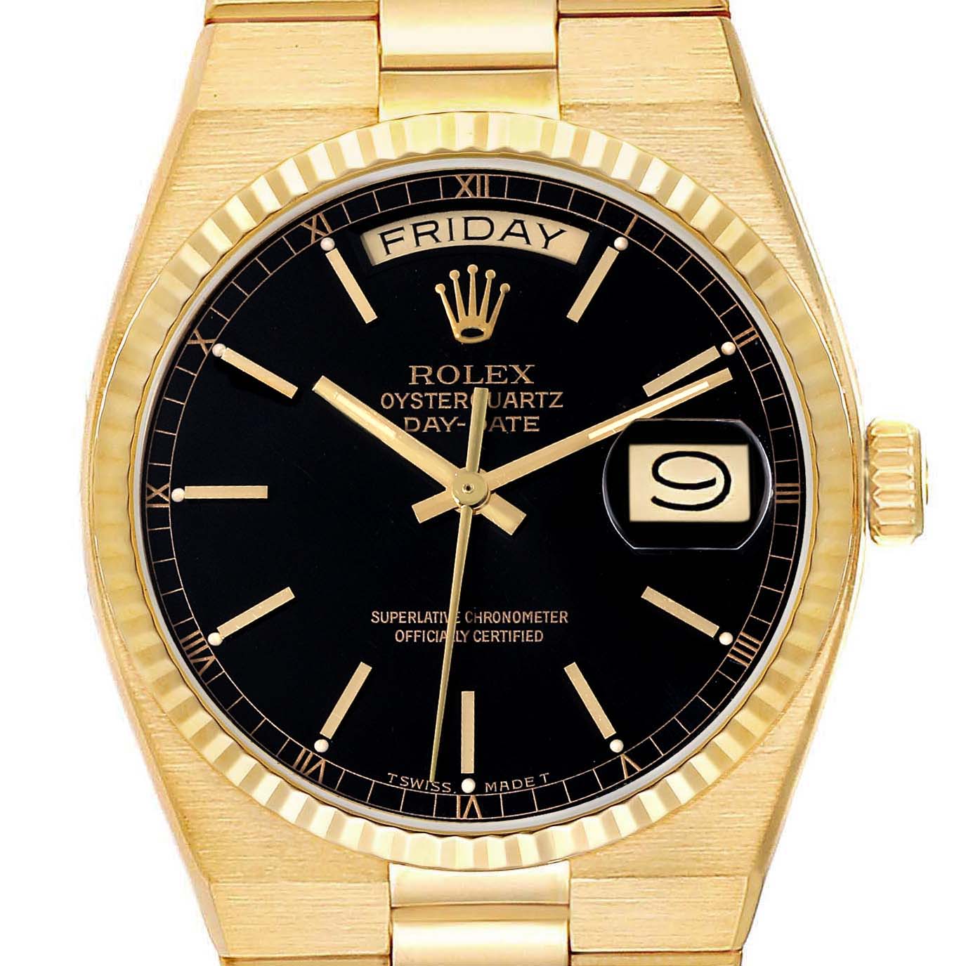 The image shows a front view of a Rolex Oysterquartz 19018 Men's Yellow Gold Black Dial 19018 Men's Yellow Gold Black Dial watch, highlighting the black dial, day-date window, fluted bezel, and gold case.