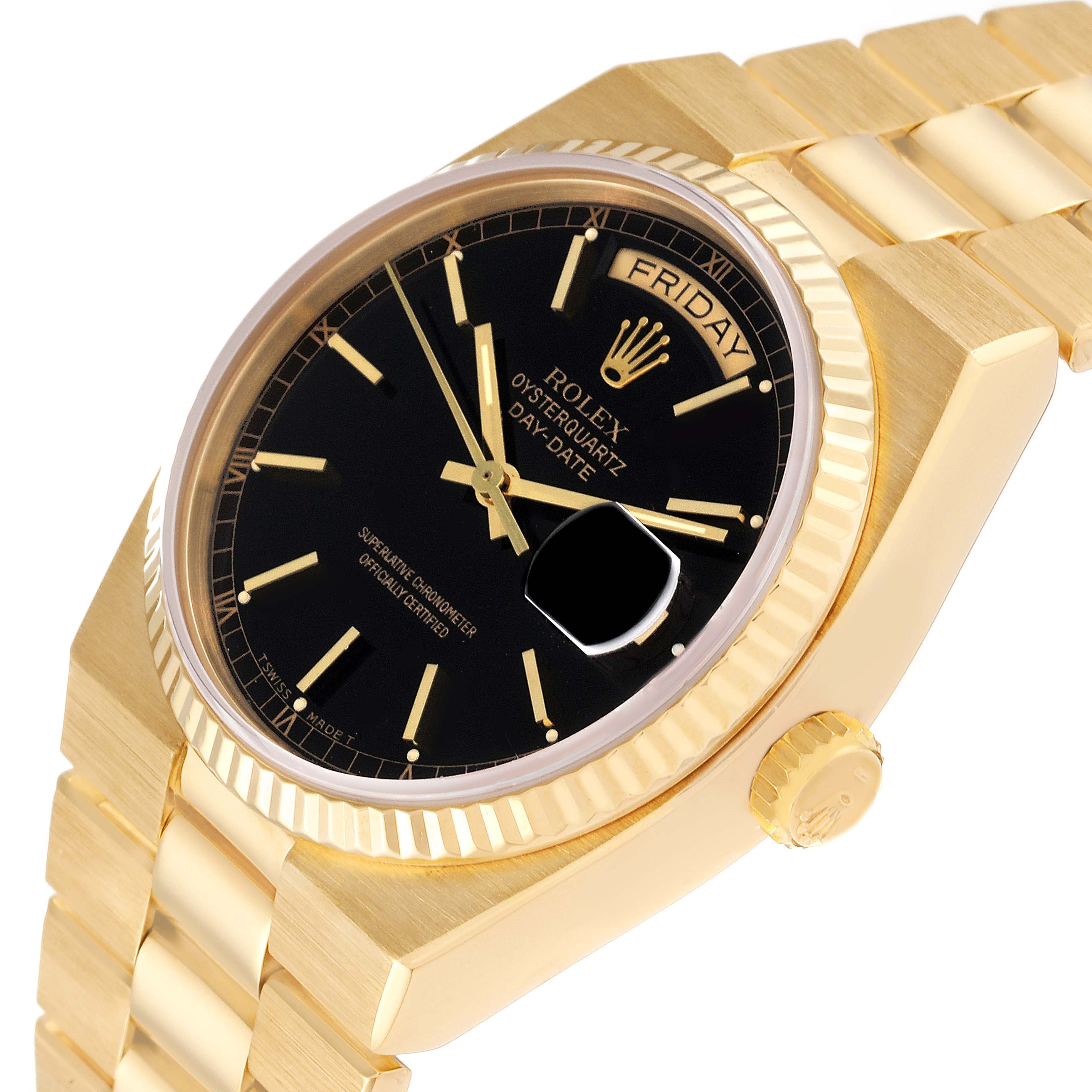 The image shows a close-up angled view of the gold Rolex Oysterquartz 19018 Men's Yellow Gold Black Dial 19018 Men's Yellow Gold Black Dial Day-Date watch, highlighting the black dial, crown, and bracelet.