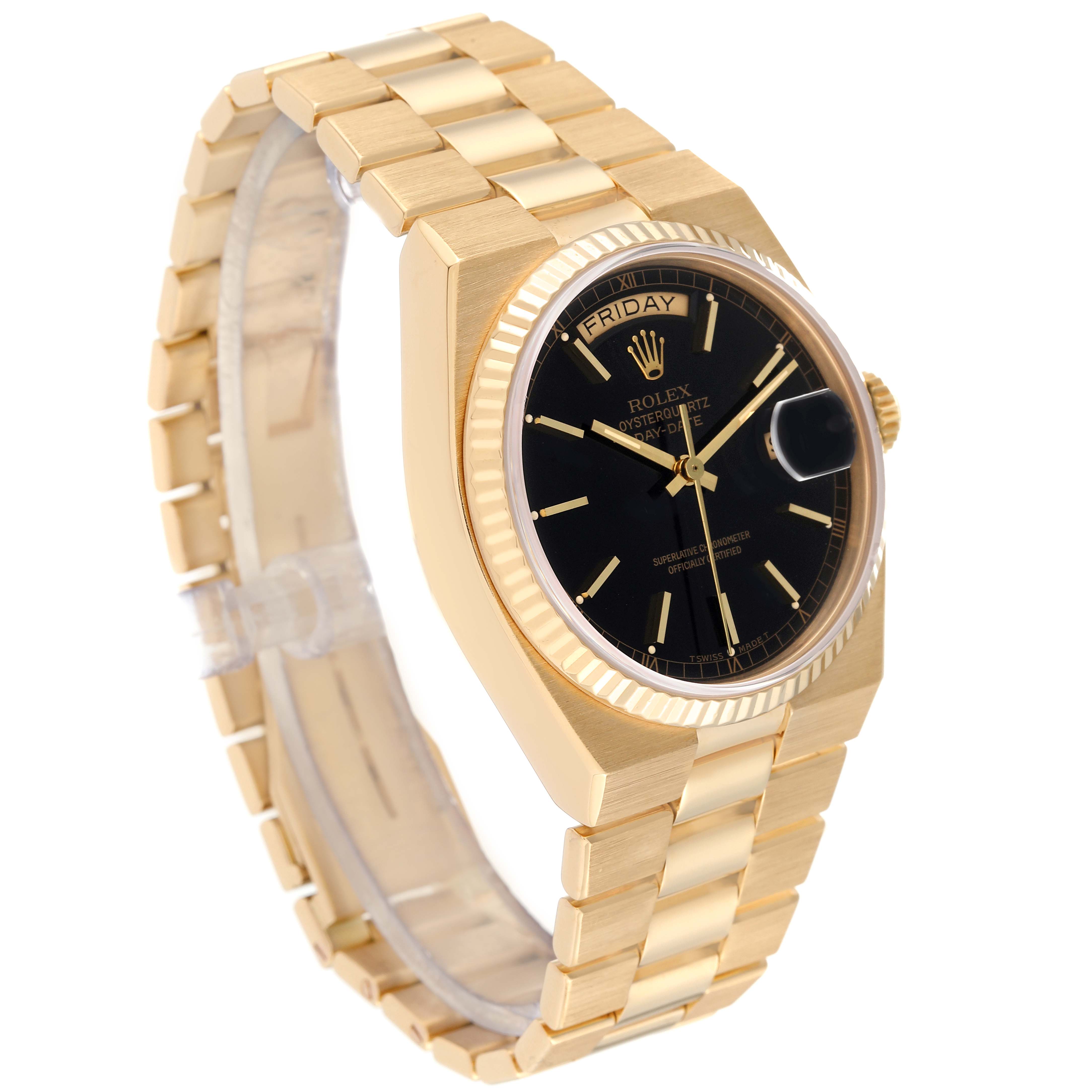 The Rolex Oysterquartz 19018 Men's Yellow Gold Black Dial 19018 Men's Yellow Gold Black Dial watch is shown at an angle highlighting the face, bezel, and gold bracelet.