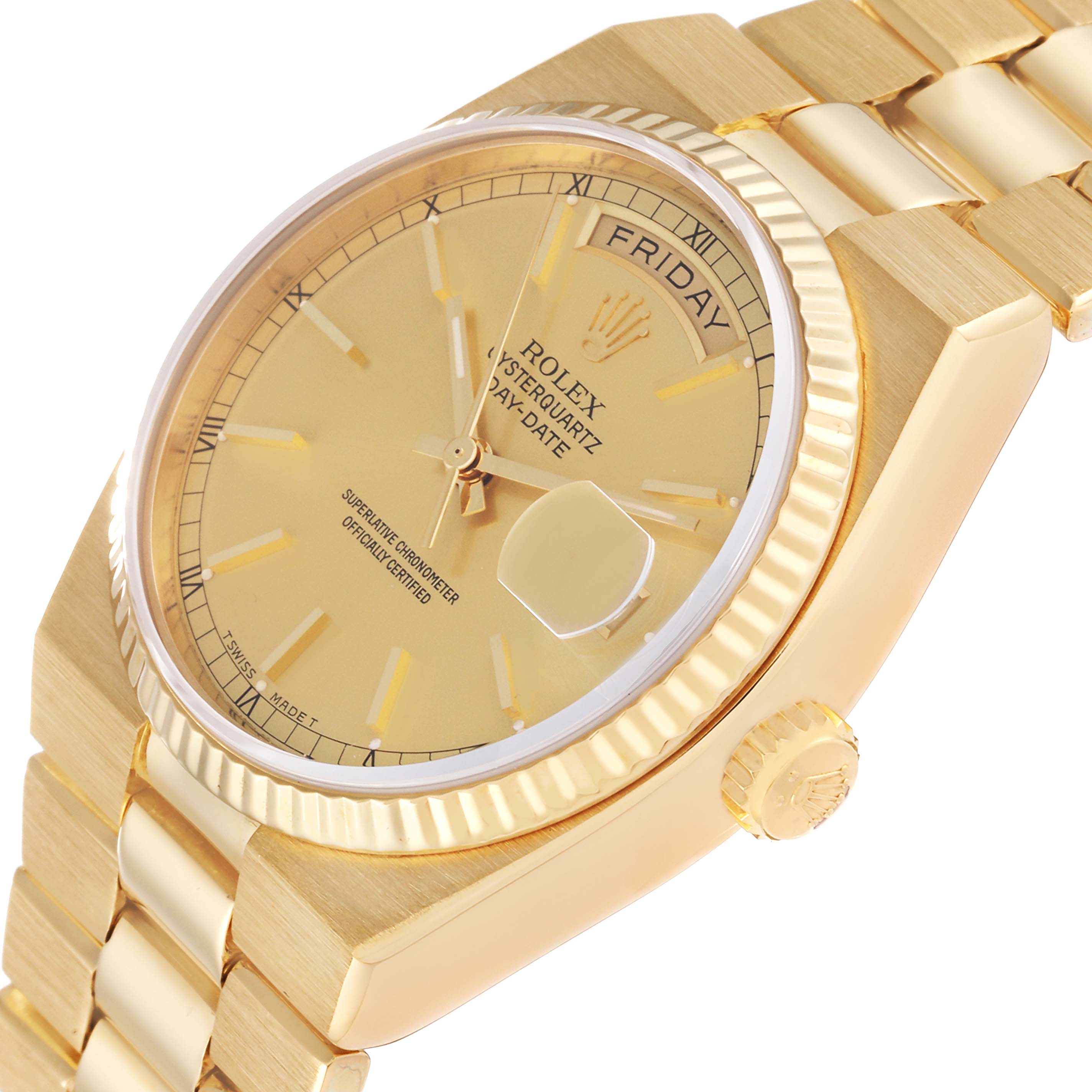 The image shows a side view of a Rolex Oysterquartz 19018 Men's Yellow Gold Champagne Dial 19018 Men's Yellow Gold Champagne Dial model, highlighting the dial, bezel, bracelet, and crown.