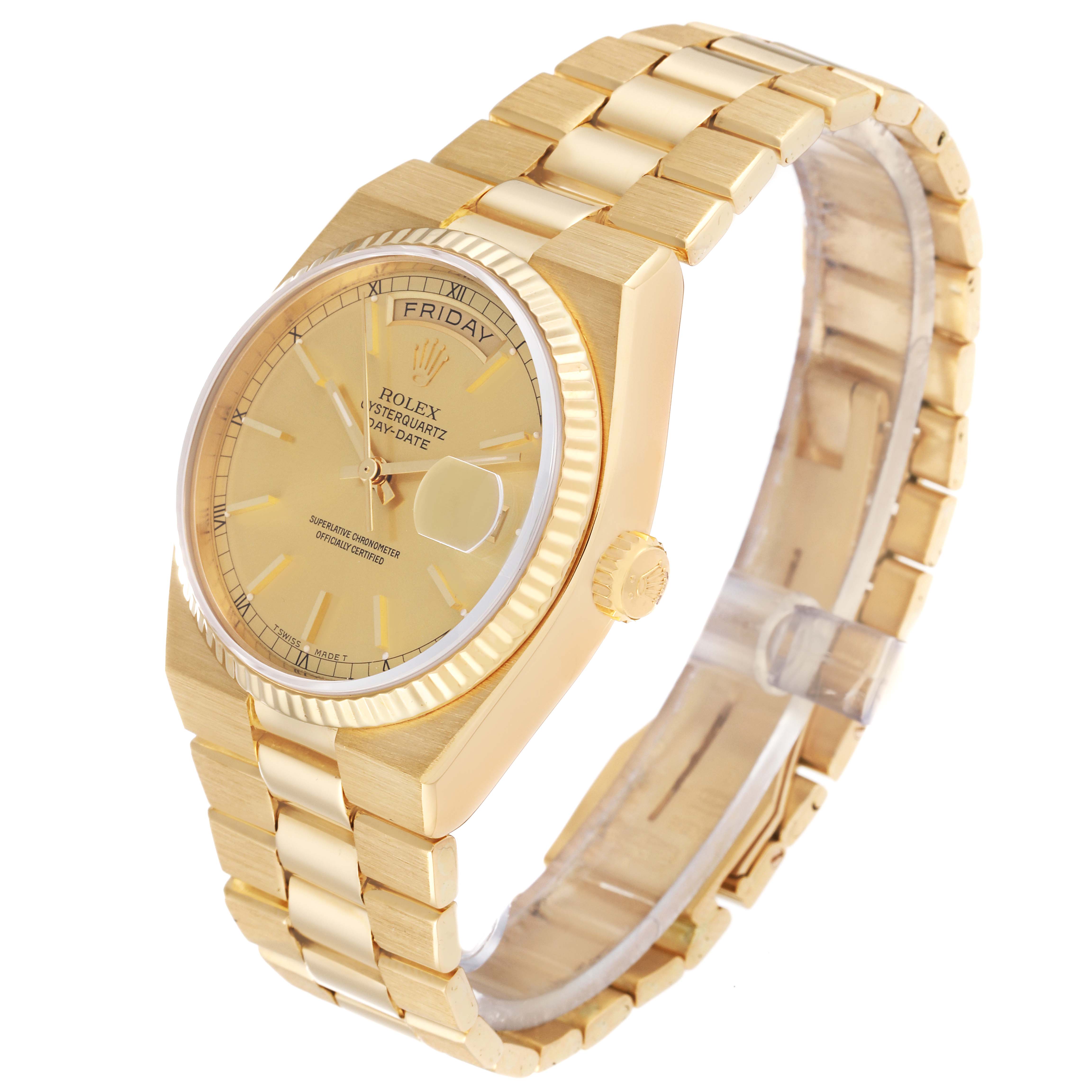 The Rolex Oysterquartz 19018 Men's Yellow Gold Champagne Dial 19018 Men's Yellow Gold Champagne Dial watch is shown at an angle highlighting the dial, bezel, crown, and bracelet.