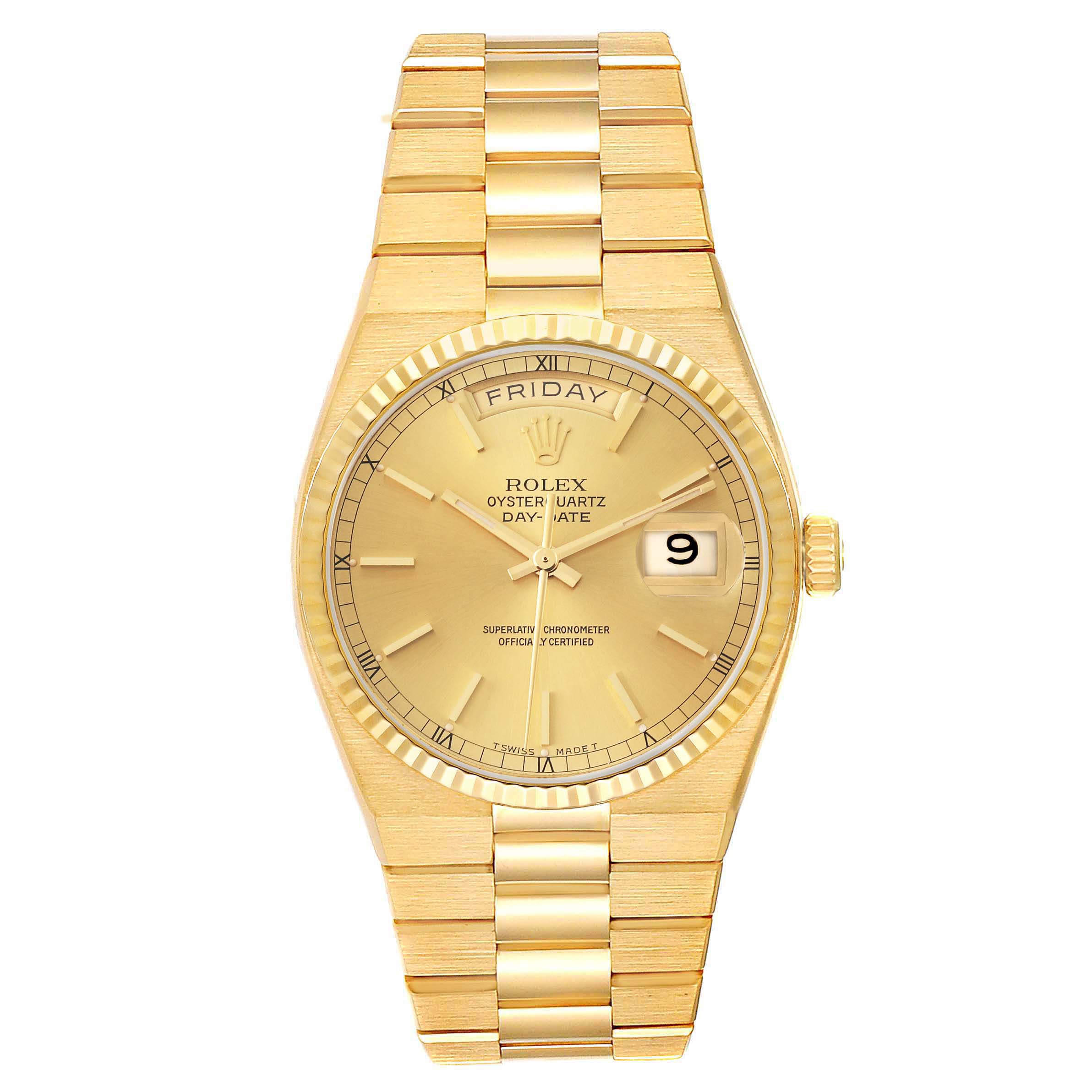 The Rolex Oysterquartz 19018 Men's Yellow Gold Champagne Dial 19018 Men's Yellow Gold Champagne Dial watch is shown from a top view, featuring the full dial, bracelet, and crown.