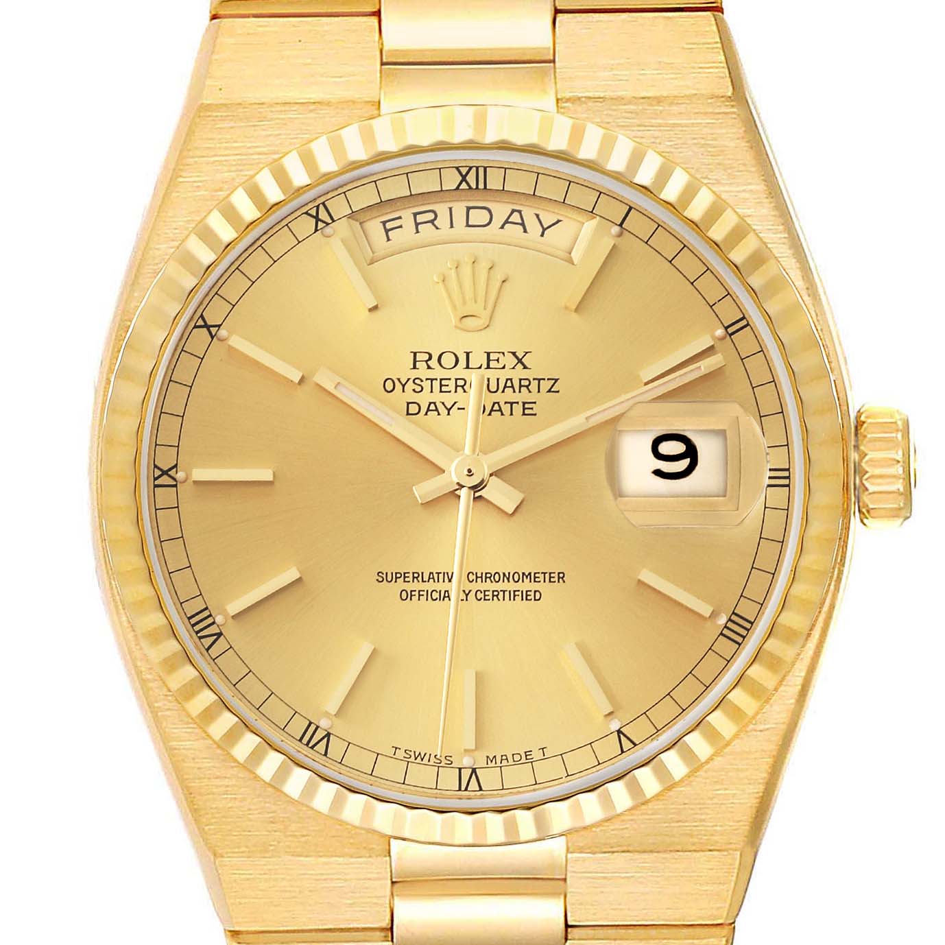 The image shows a frontal view of the Rolex Oysterquartz 19018 Men's Yellow Gold Champagne Dial 19018 Men's Yellow Gold Champagne Dial watch, highlighting its dial, hands, day, and date features.