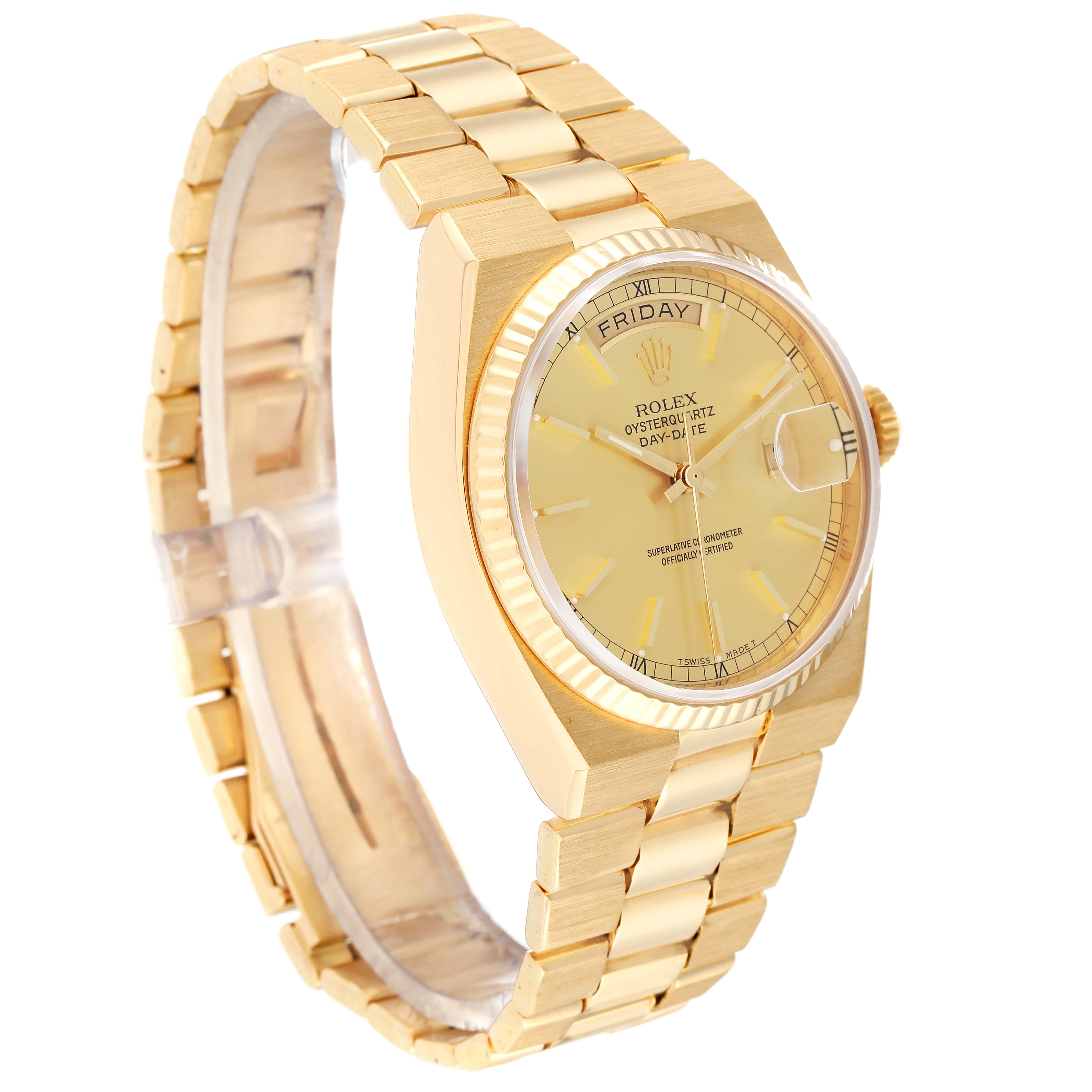 This image shows a Rolex Oysterquartz 19018 Men's Yellow Gold Champagne Dial 19018 Men's Yellow Gold Champagne Dial watch at a 3/4 angle, highlighting the dial, bezel, band, and crown.