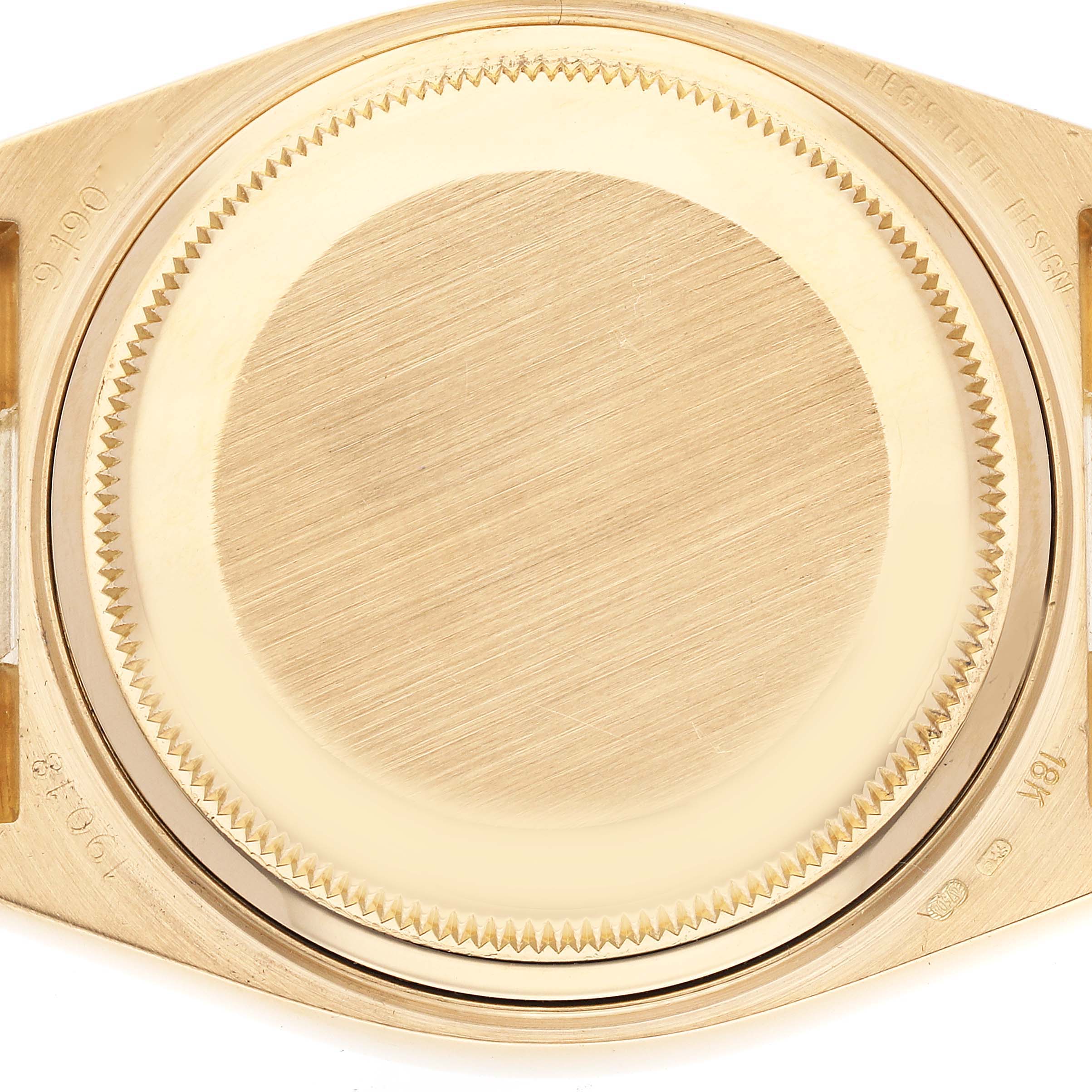 This image shows the case back of the Rolex Oysterquartz 19018 Men's Yellow Gold Champagne Dial 19018 Men's Yellow Gold Champagne Dial watch, viewed from the rear.