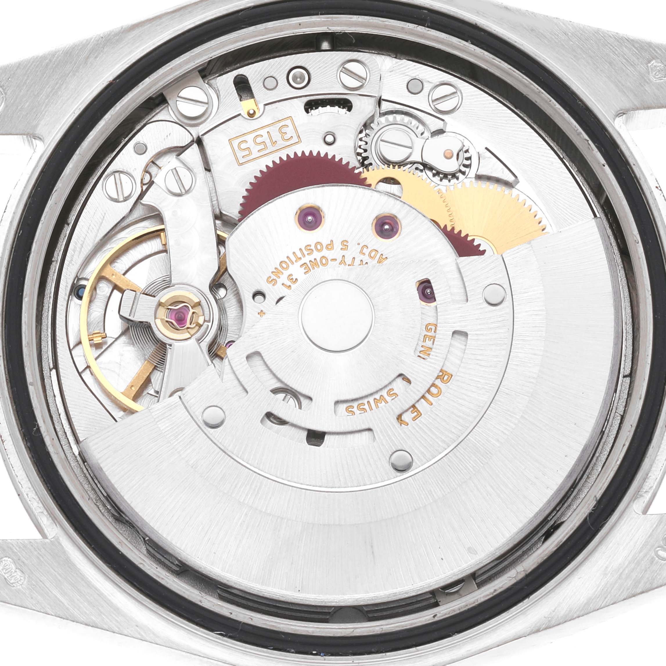 This is an internal view showing the movement mechanism of a Rolex President 118339 Men's White Gold Mother of Pearl Dial 118339 Men's White Gold Mother of Pearl Dial model watch.