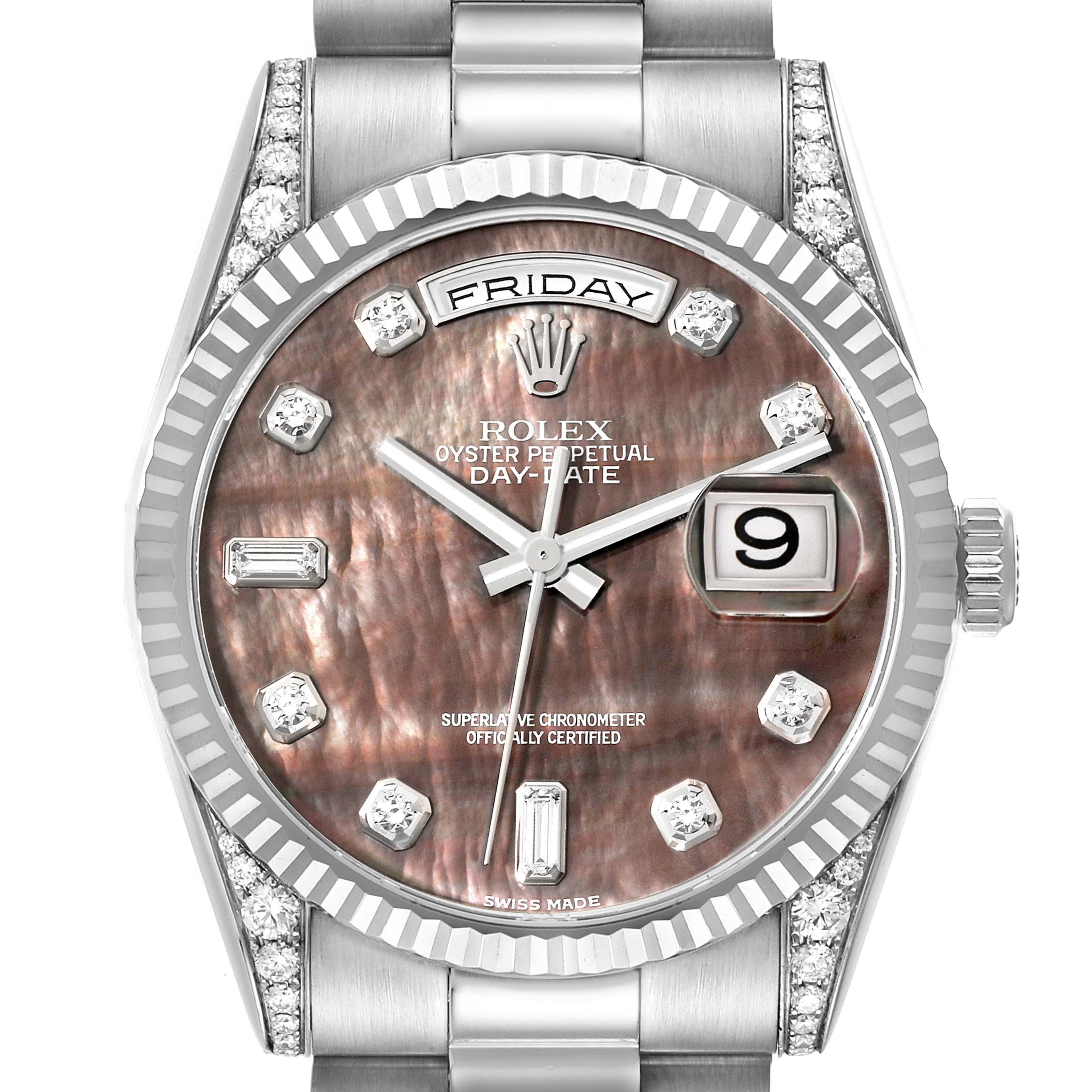 The image shows a close-up of the dial and bezel of a Rolex President 118339 Men's White Gold Mother of Pearl Dial 118339 Men's White Gold Mother of Pearl Dial Day-Date watch, highlighting the day, date, and diamond markers.