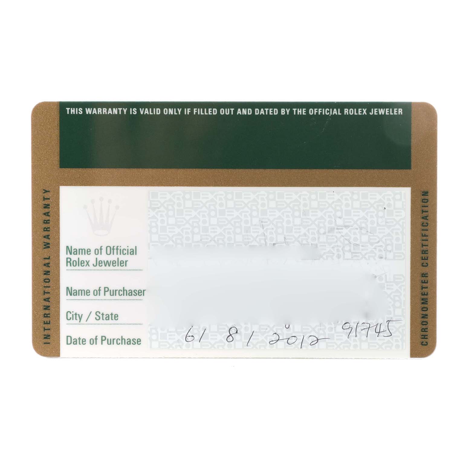 This image shows the International Warranty card for a Rolex President 118339 Men's White Gold Mother of Pearl Dial 118339 Men's White Gold Mother of Pearl Dial model watch.
