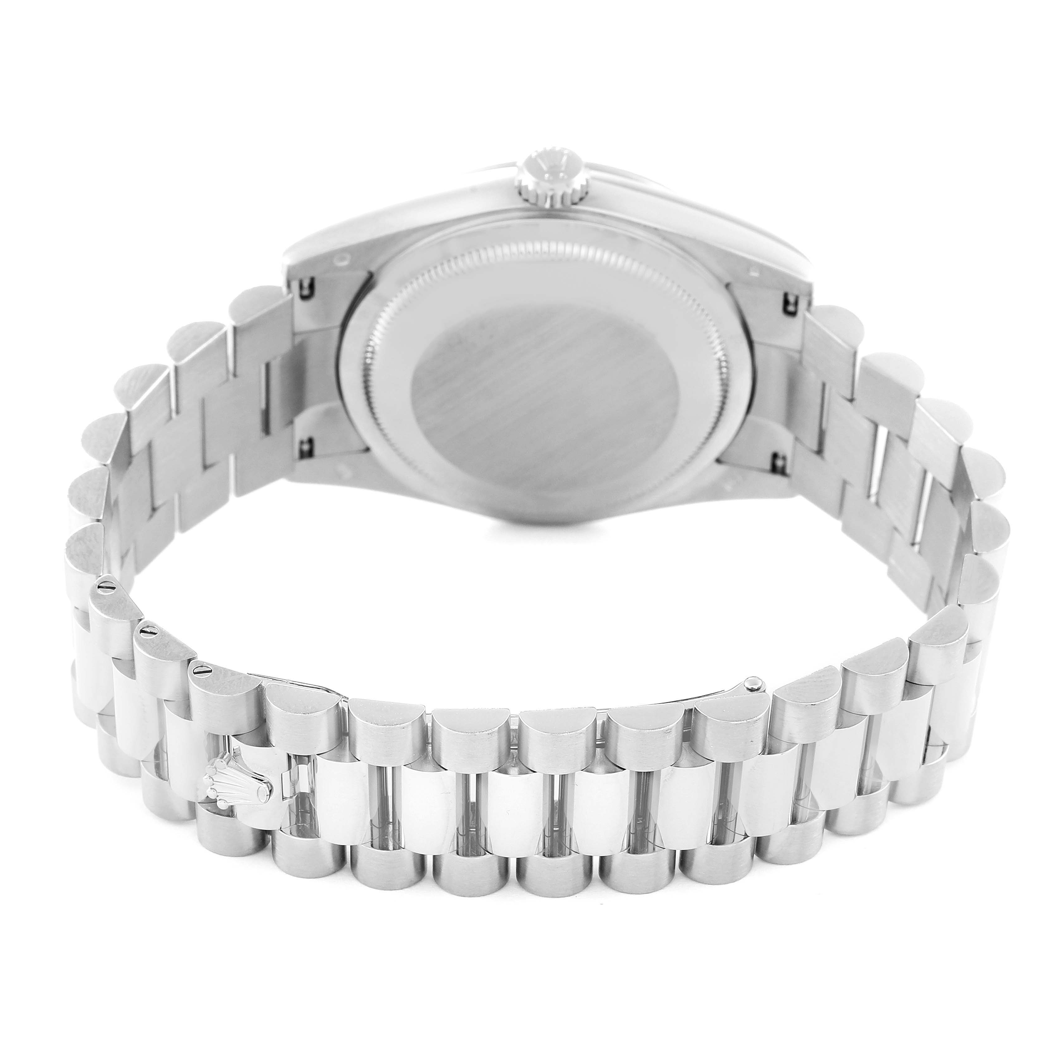 The image shows the back case and bracelet of a Rolex President 118339 Men's White Gold Mother of Pearl Dial 118339 Men's White Gold Mother of Pearl Dial model watch at a rear, angled view.