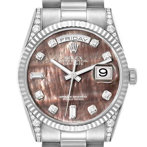 Photo of Rolex President Day-Date Mother of Pearl White Gold Diamond Mens Watch 118339 Box Card