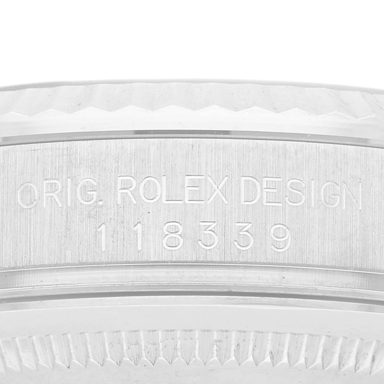 The image shows a close-up side view of a Rolex President 118339 Men's White Gold Mother of Pearl Dial 118339 Men's White Gold Mother of Pearl Dial model, focusing on the engraved model number "118339".