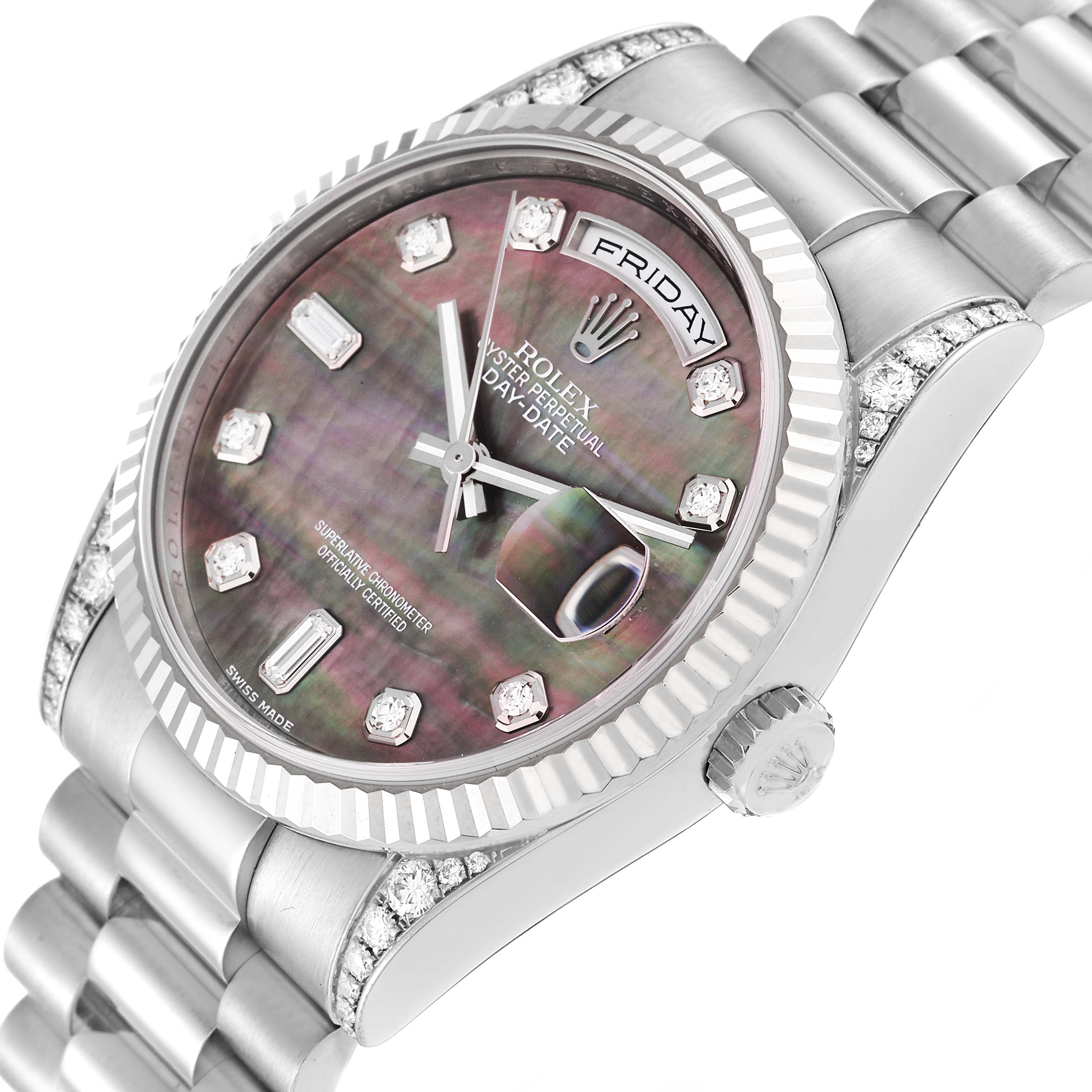 This image shows an angled close-up of the Rolex President 118339 Men's White Gold Mother of Pearl Dial 118339 Men's White Gold Mother of Pearl Dial model watch, highlighting its face, crown, band, and bezel.