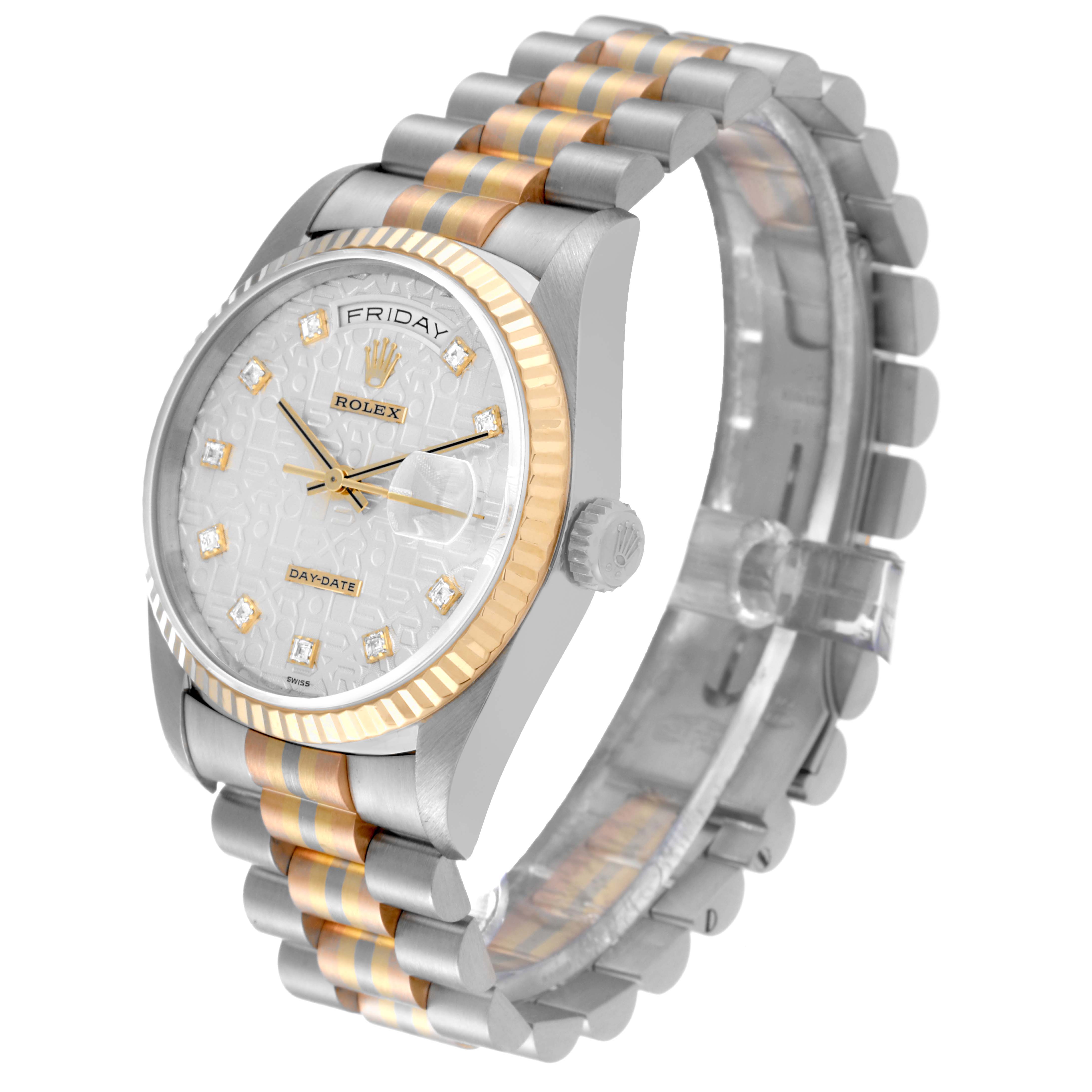 The Rolex President 18239BIC Men's White Gold Silver Dial 18239BIC Men's White Gold Silver Dial model watch is shown at a slight front angle, displaying its face, bracelet, and crown.