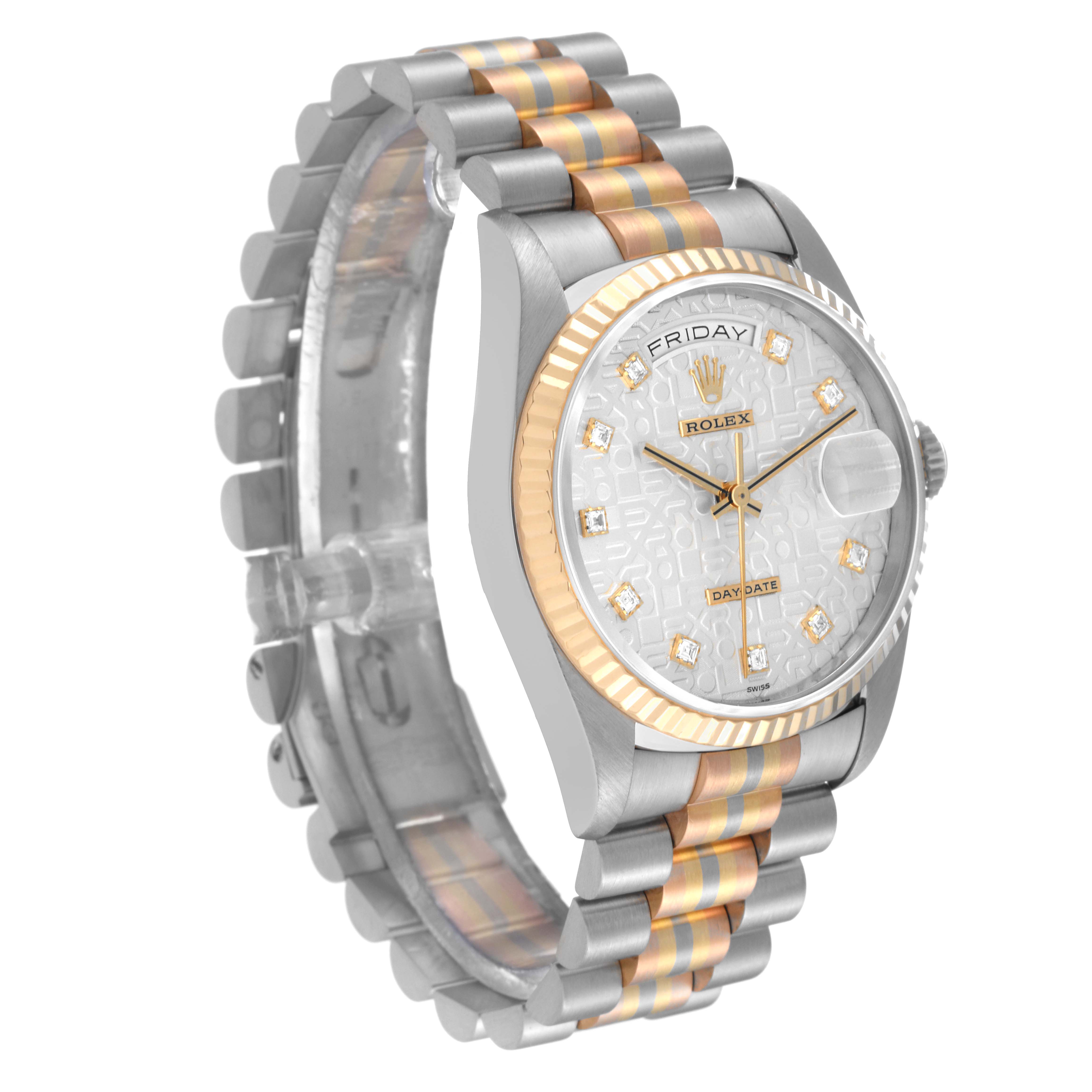 The image shows a Rolex President 18239BIC Men's White Gold Silver Dial 18239BIC Men's White Gold Silver Dial watch model from a front-left angle, highlighting its two-tone bracelet and face.