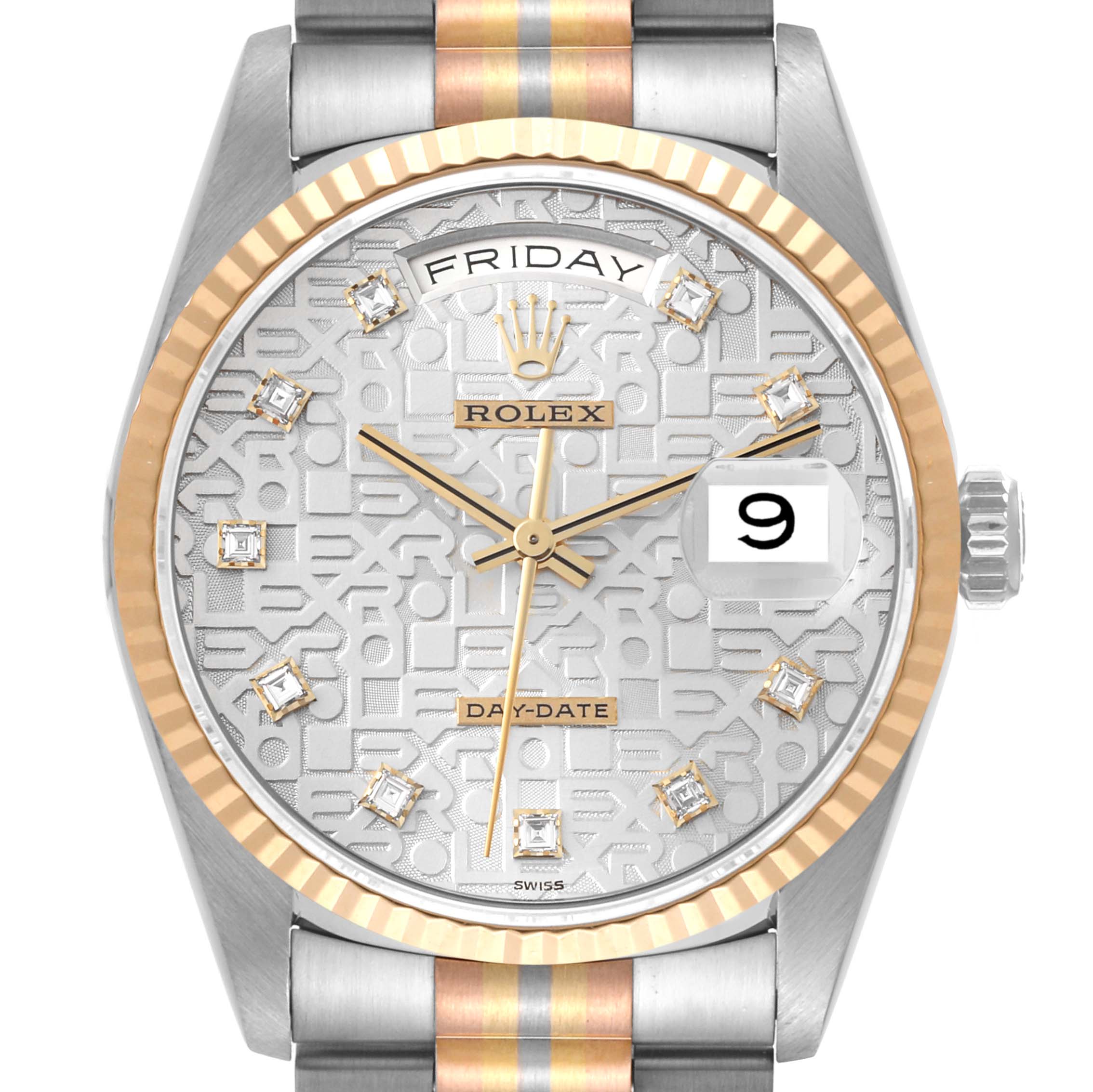 This image shows a close-up front view of the dial and bracelet of a Rolex President 18239BIC Men's White Gold Silver Dial 18239BIC Men's White Gold Silver Dial model watch.