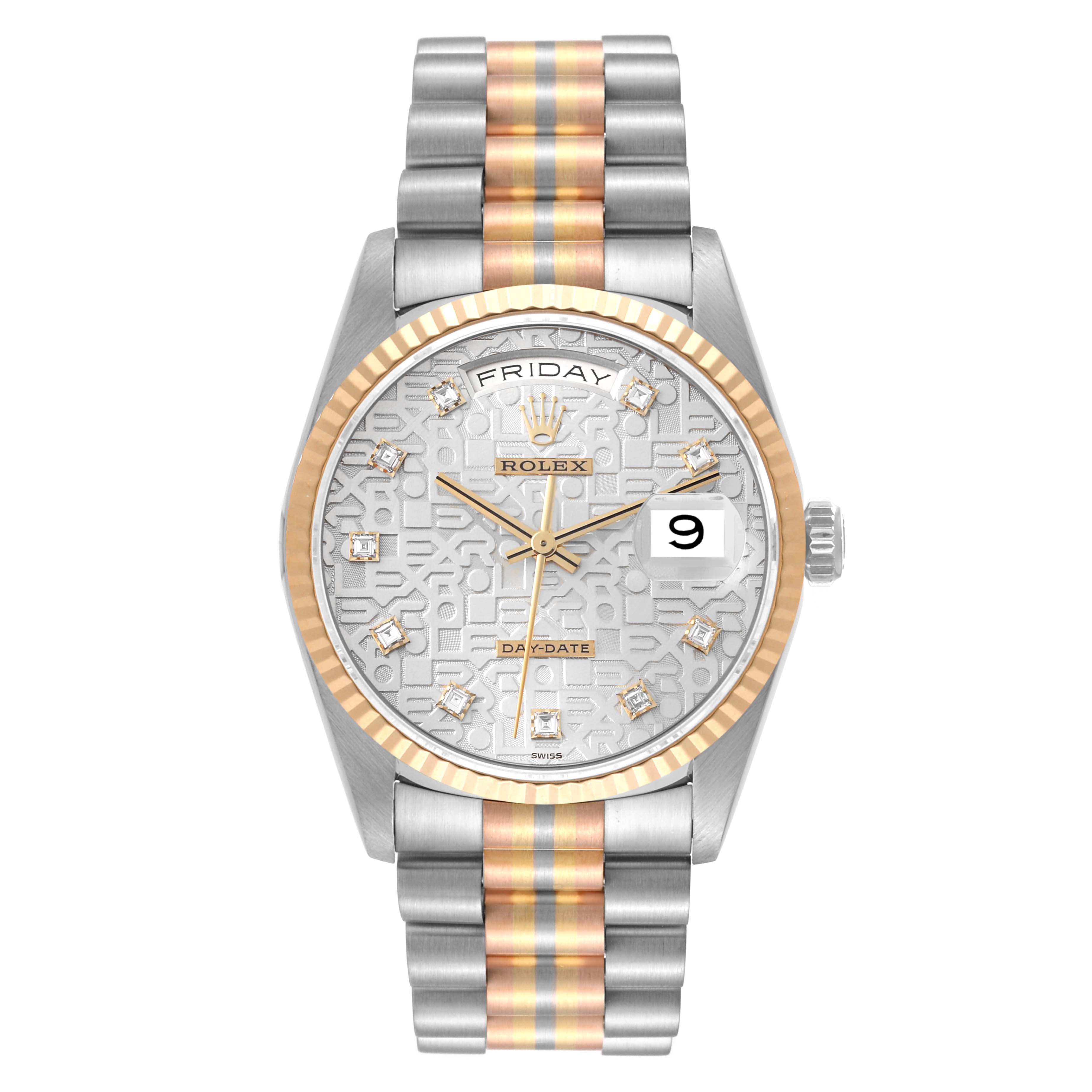 The image shows a front view of a Rolex President 18239BIC Men's White Gold Silver Dial 18239BIC Men's White Gold Silver Dial model watch, featuring the dial, bezel, and bracelet.