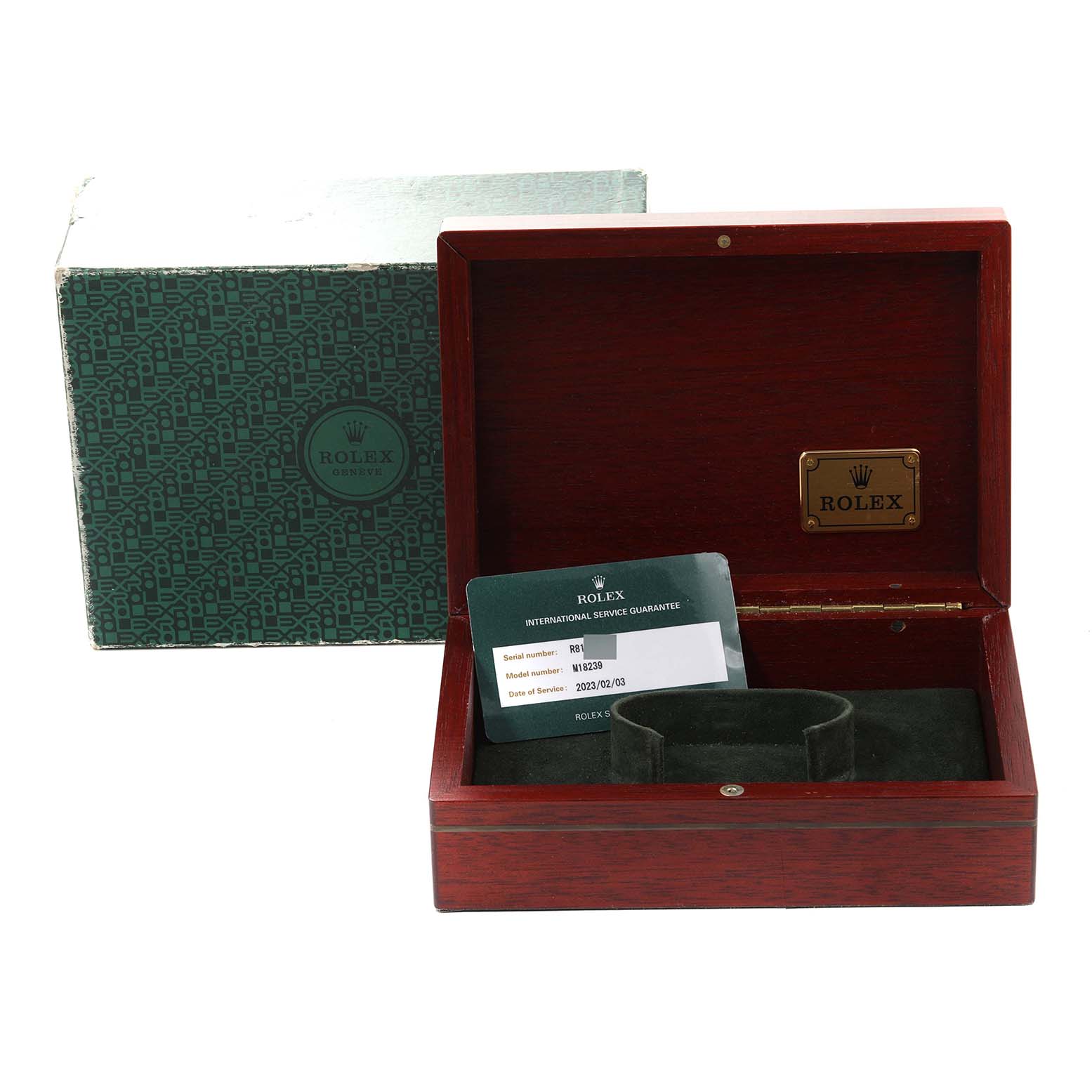 The image shows the open box and outer packaging for the Rolex President 18239 Men's White Gold Champagne Dial 18239 Men's White Gold Champagne Dial model watch, with a service guarantee card.
