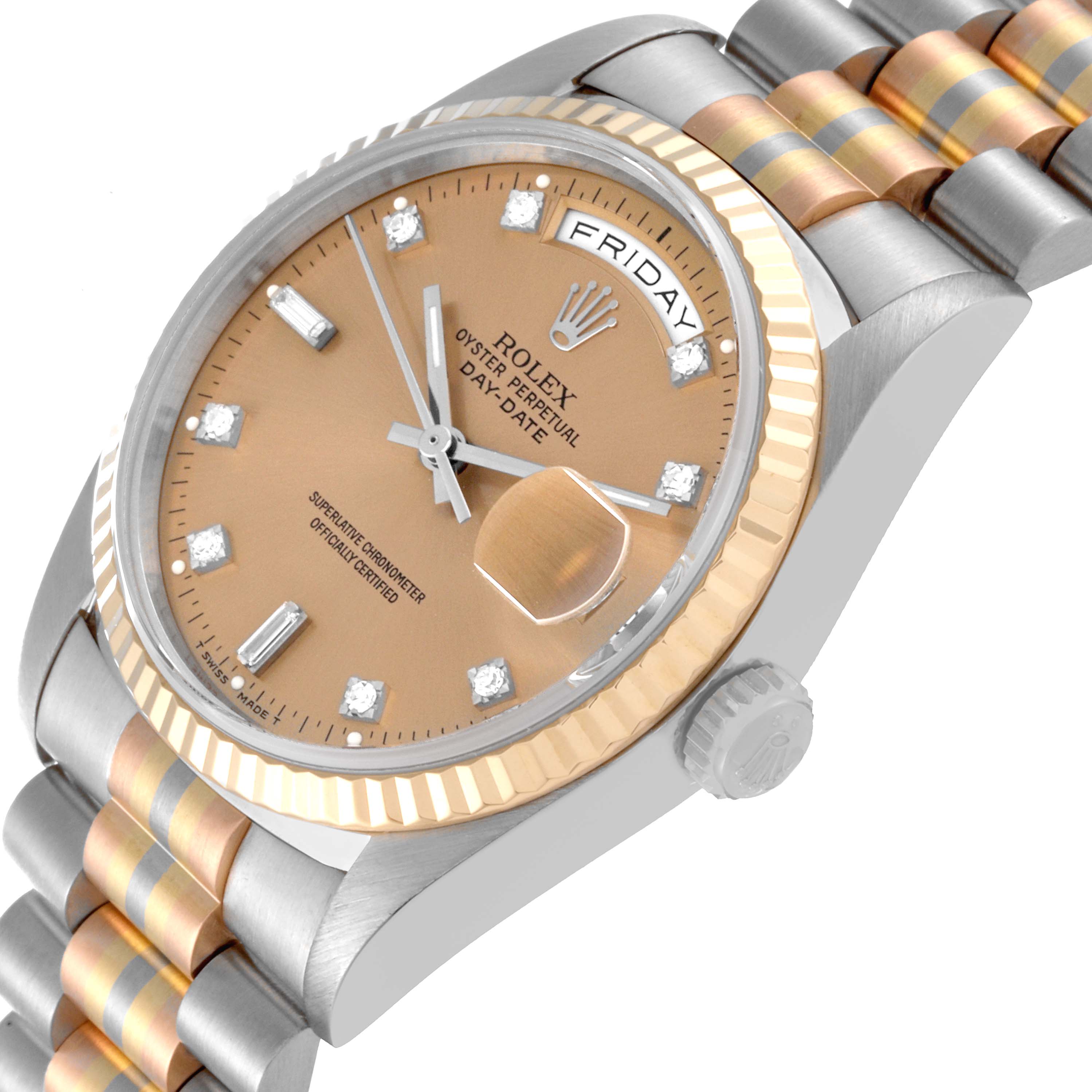 The image shows a Rolex President 18239 Men's White Gold Champagne Dial 18239 Men's White Gold Champagne Dial model watch at an angled view, highlighting the face, bezel, and part of the bracelet.