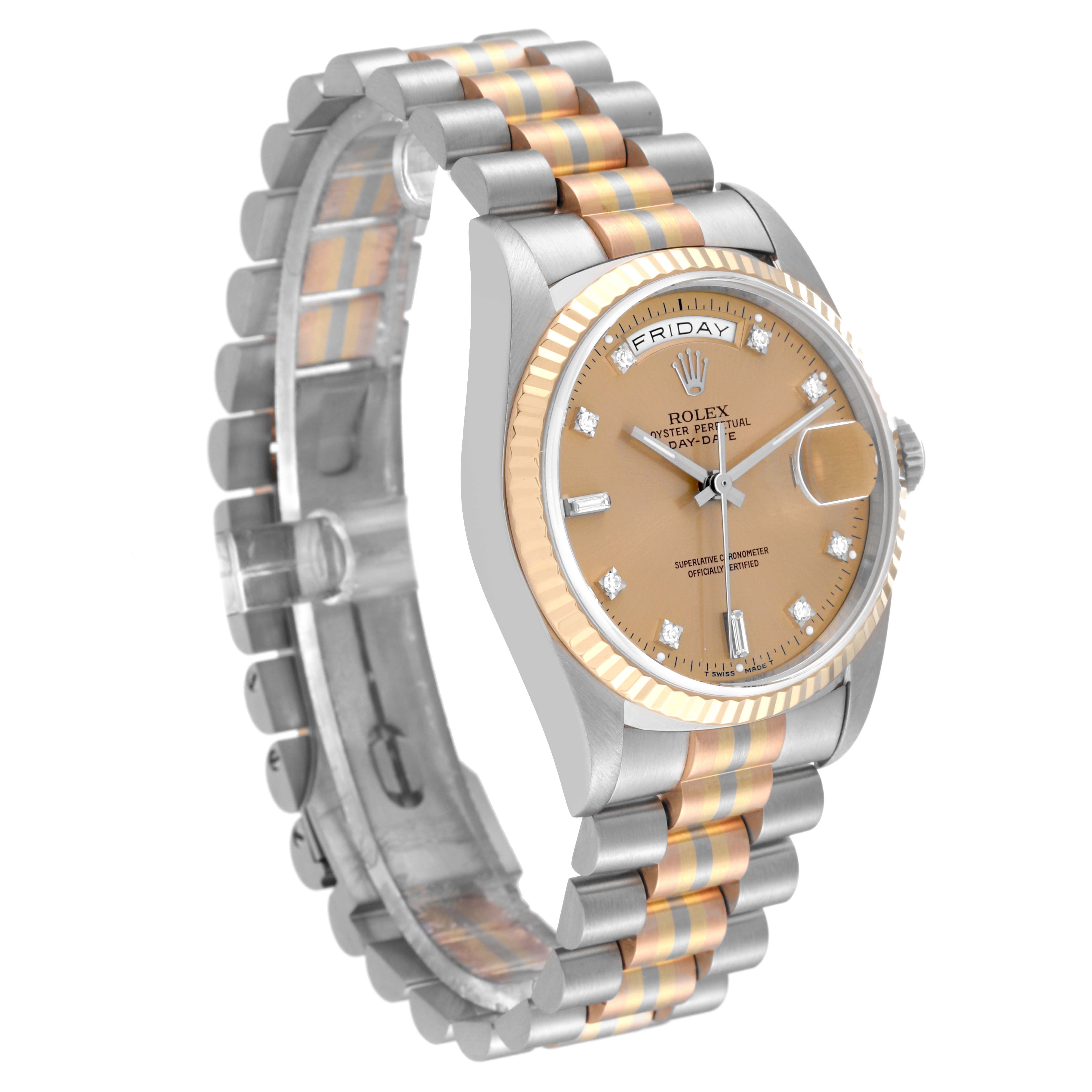 The Rolex President 18239 Men's White Gold Champagne Dial 18239 Men's White Gold Champagne Dial model watch is shown at a slight angle, displaying its face, fluted bezel, and metal bracelet.
