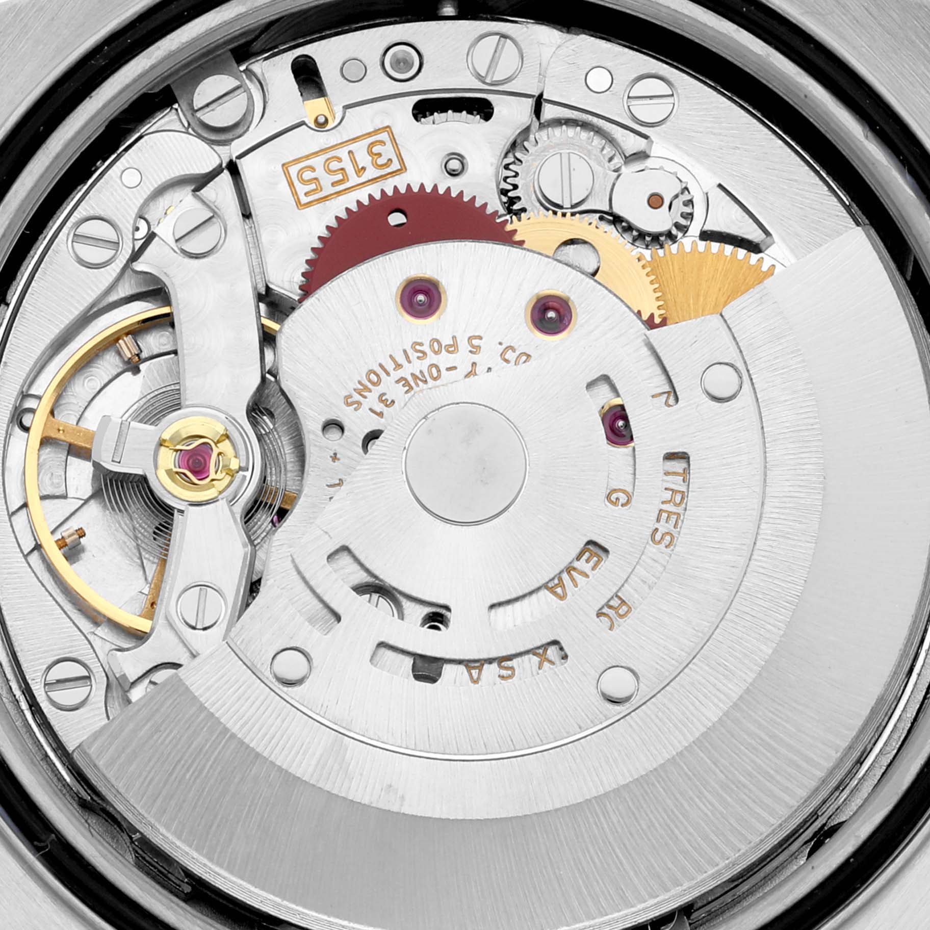 This image shows the movement and inner mechanical components of the Rolex President 18239 Men's White Gold Champagne Dial 18239 Men's White Gold Champagne Dial model watch.