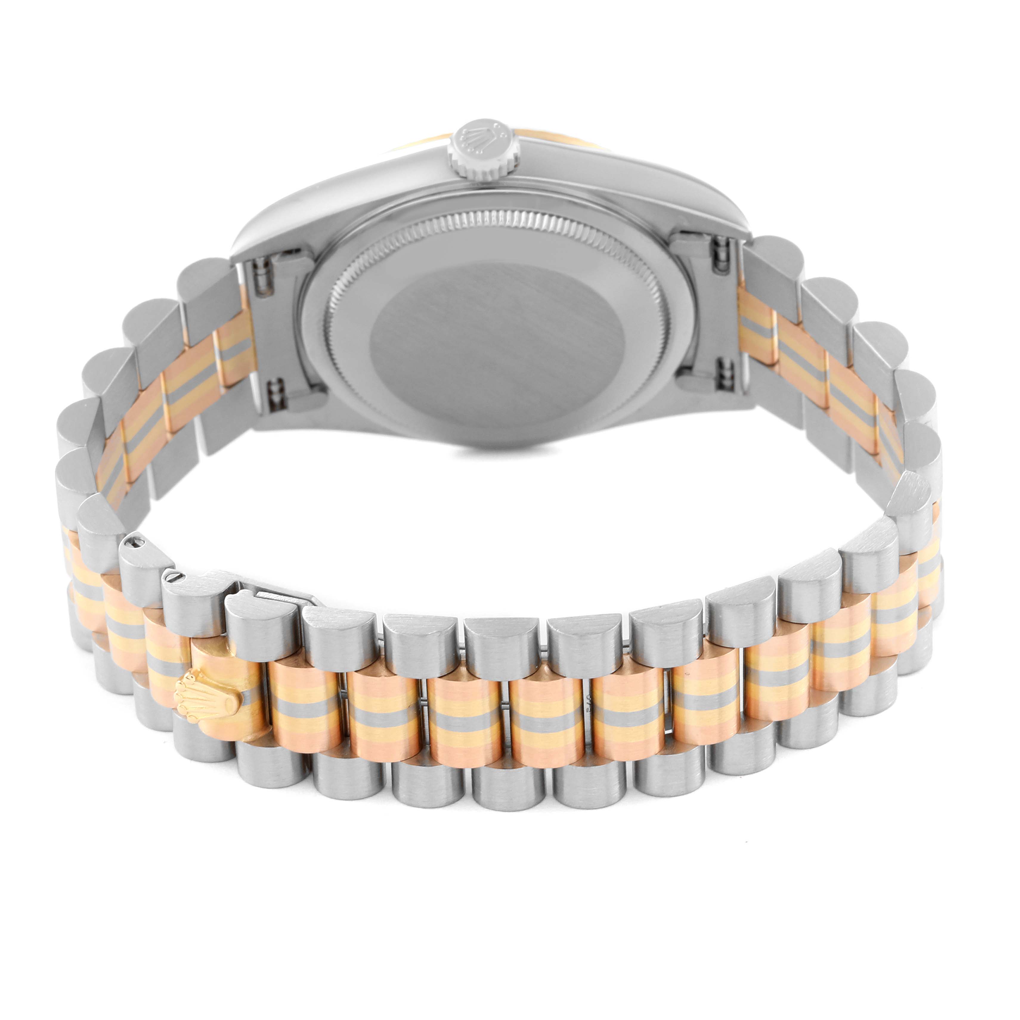 The image shows the back view of a Rolex President 18239 Men's White Gold Champagne Dial 18239 Men's White Gold Champagne Dial model watch, highlighting its case back and two-tone bracelet.