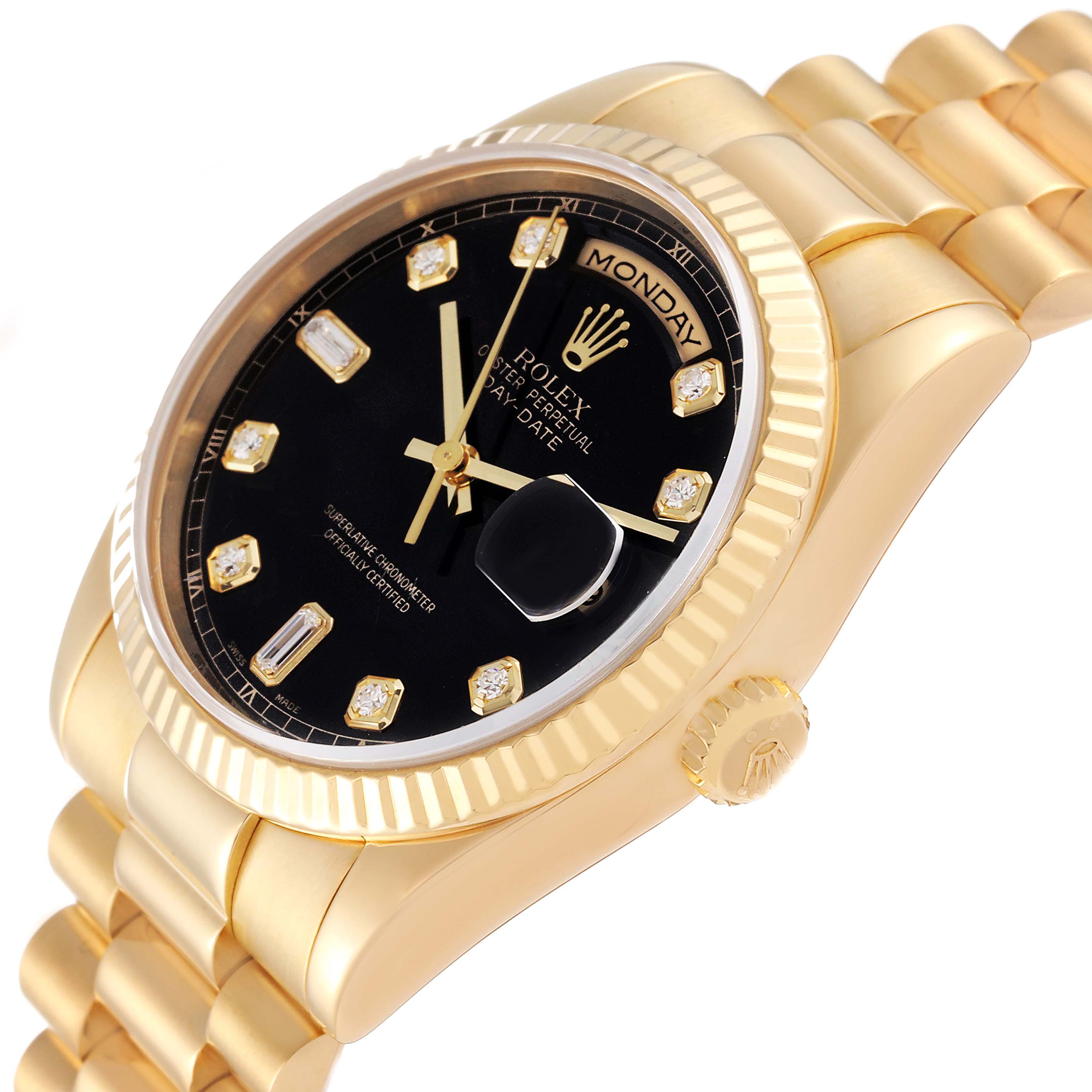 The Rolex President 118238 Men's Yellow Gold Black Dial 118238 Men's Yellow Gold Black Dial watch is shown at an angle, highlighting its gold case, black dial, and diamond hour markers.