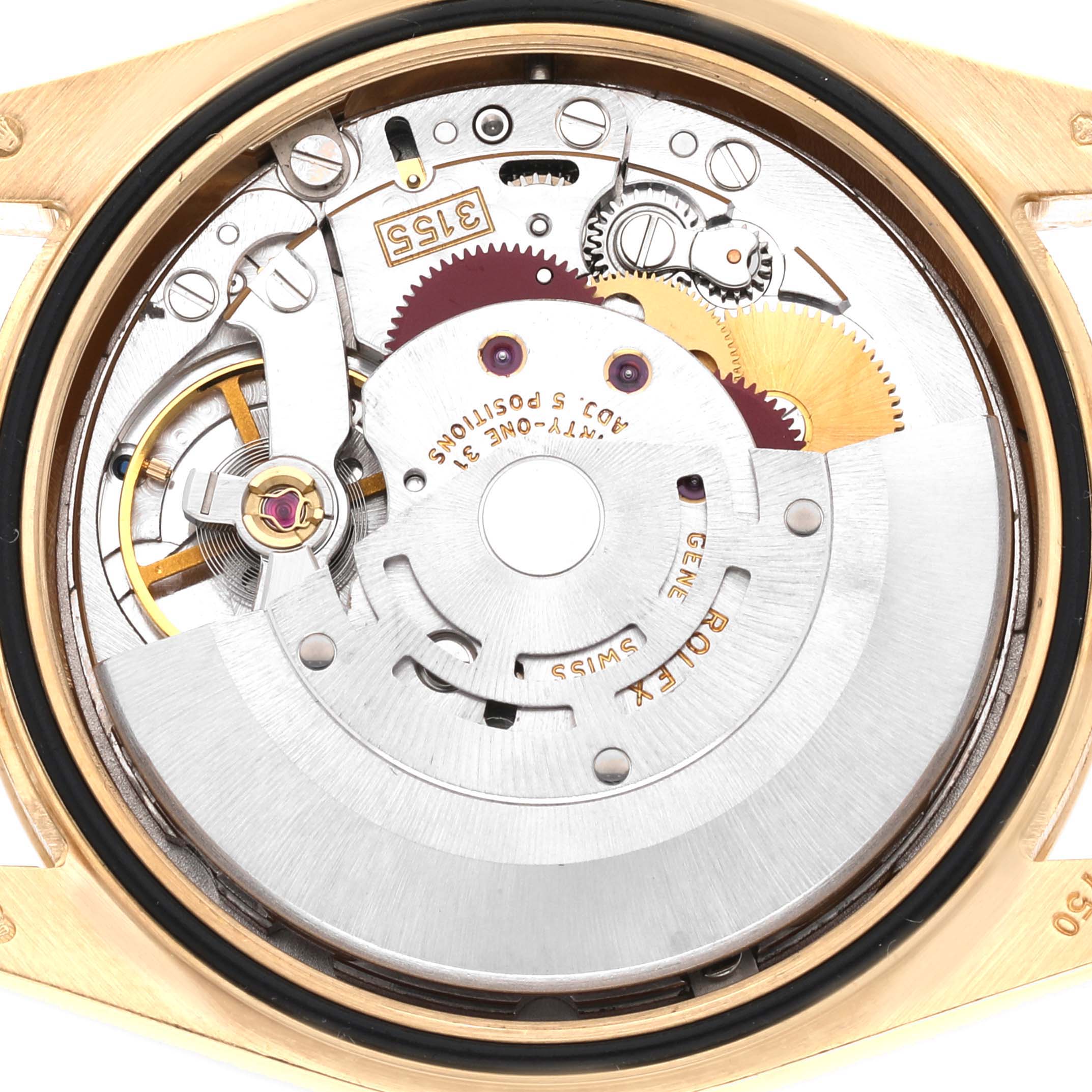 This image shows a close-up view of the intricate internal mechanism of the Rolex President 118238 Men's Yellow Gold Black Dial 118238 Men's Yellow Gold Black Dial model watch.