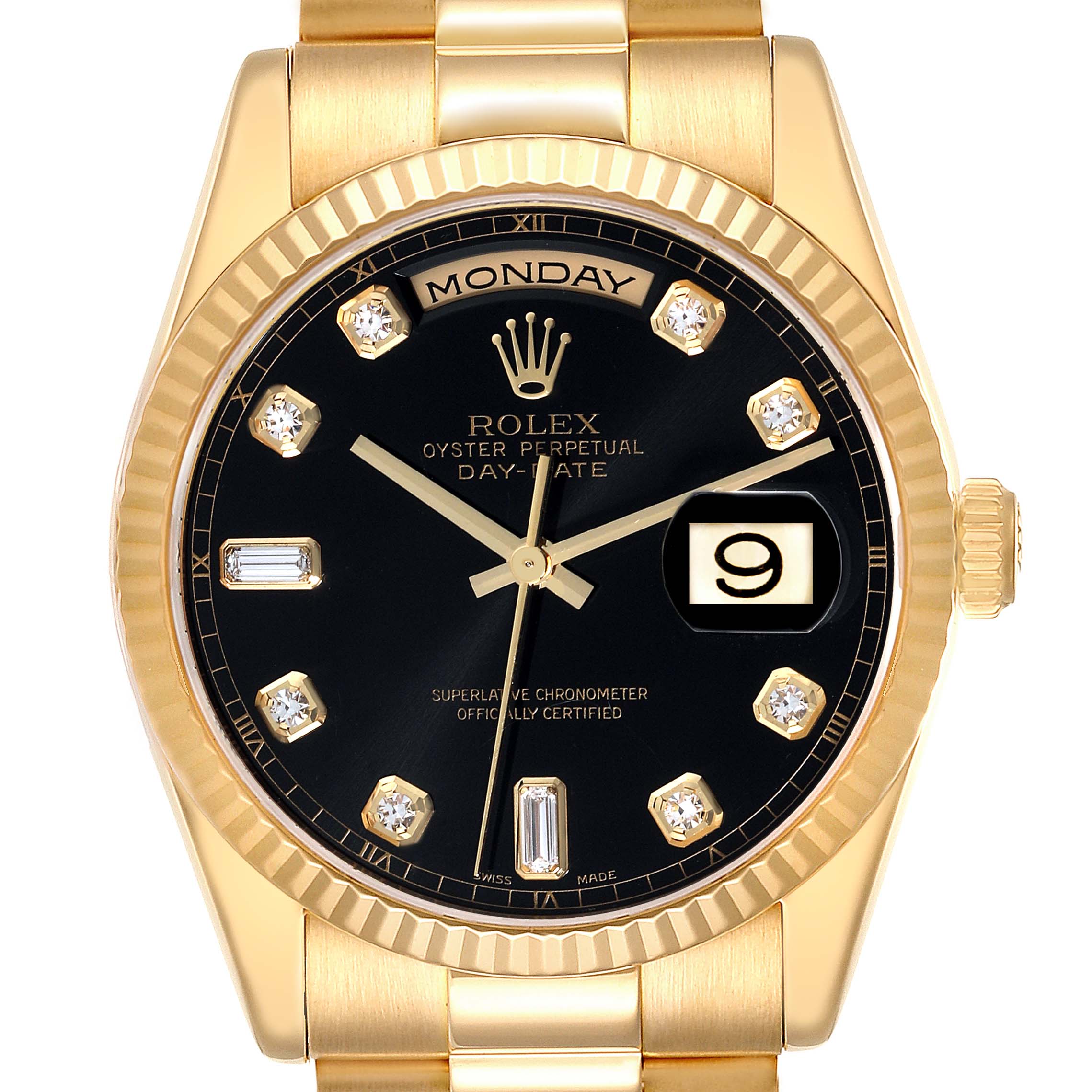 This image shows a frontal view of the Rolex President 118238 Men's Yellow Gold Black Dial 118238 Men's Yellow Gold Black Dial Day-Date model, highlighting the black dial, gold case, and diamond hour markers.
