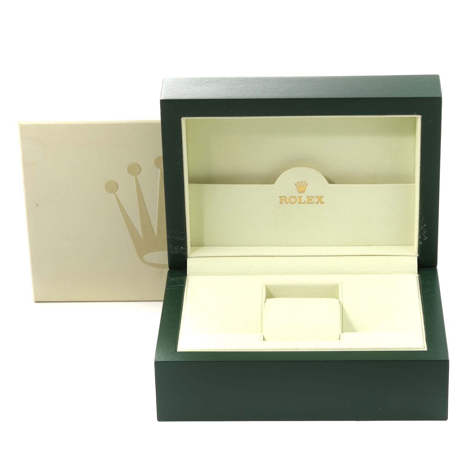 This image shows an open green and beige Rolex watch box for the President model.