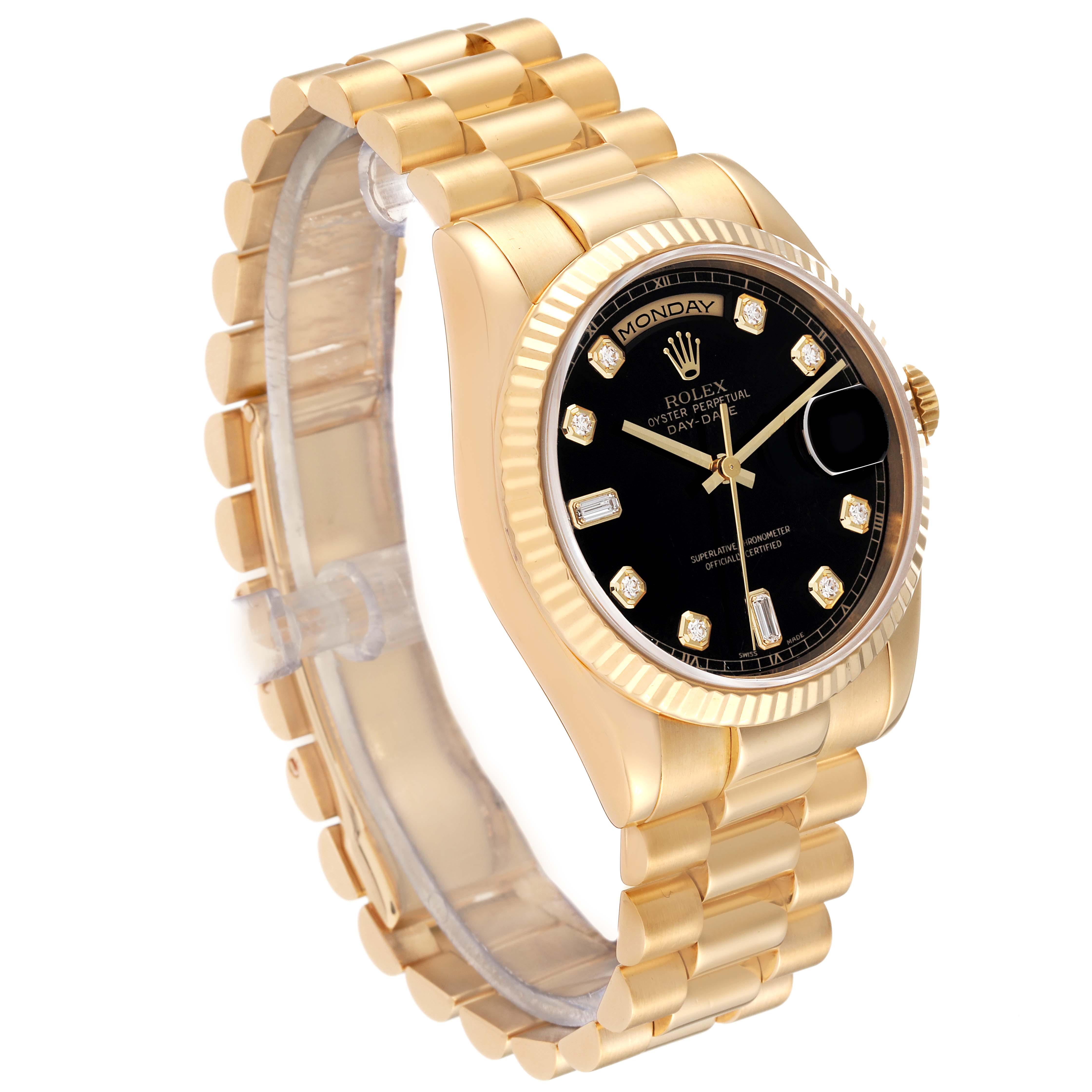 The image shows a Rolex President 118238 Men's Yellow Gold Black Dial 118238 Men's Yellow Gold Black Dial model watch angled to display its gold bracelet, bezel, and black dial with diamond hour markers.