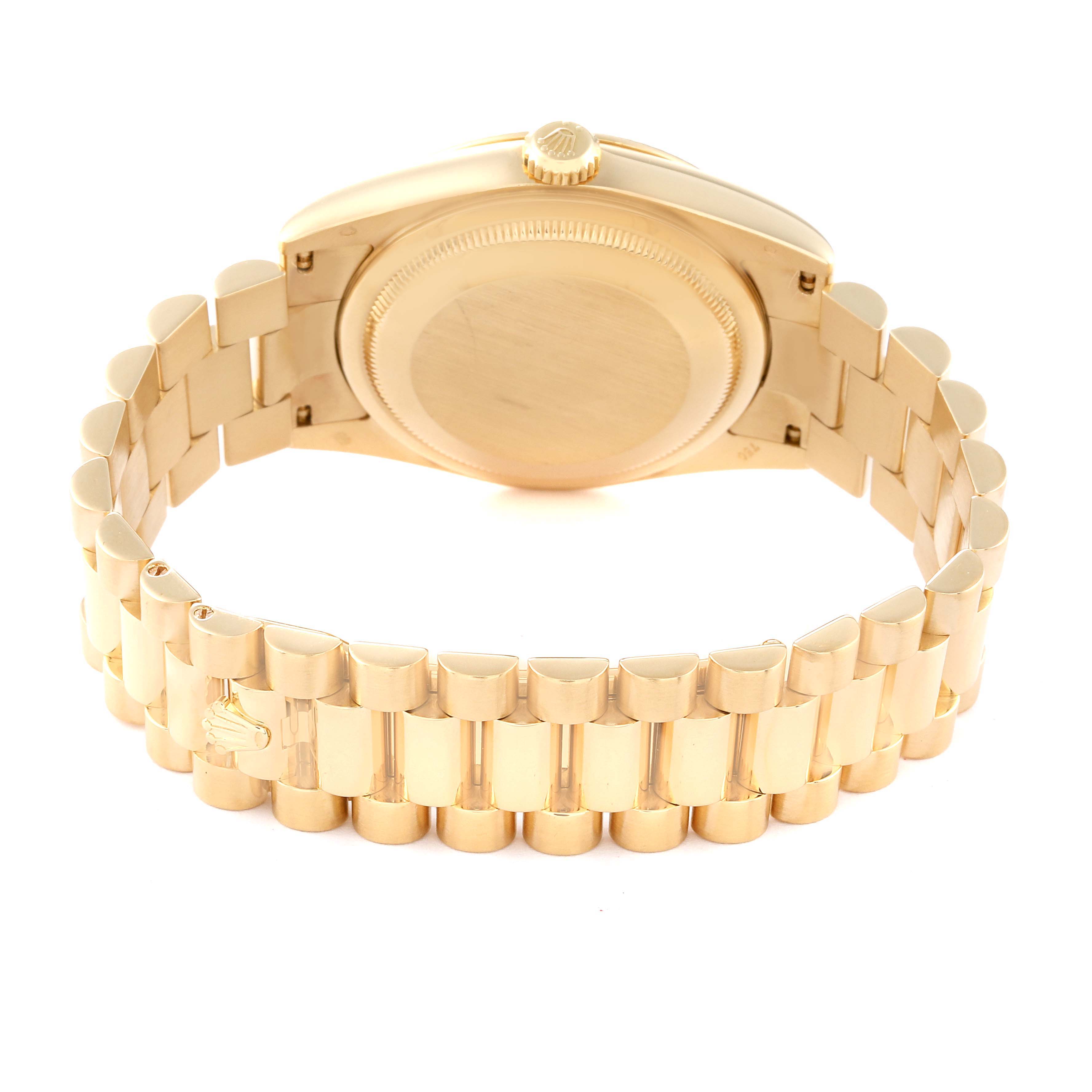 This image shows the back view of the Rolex President 118238 Men's Yellow Gold Black Dial 118238 Men's Yellow Gold Black Dial model watch, specifically highlighting the case back and bracelet.