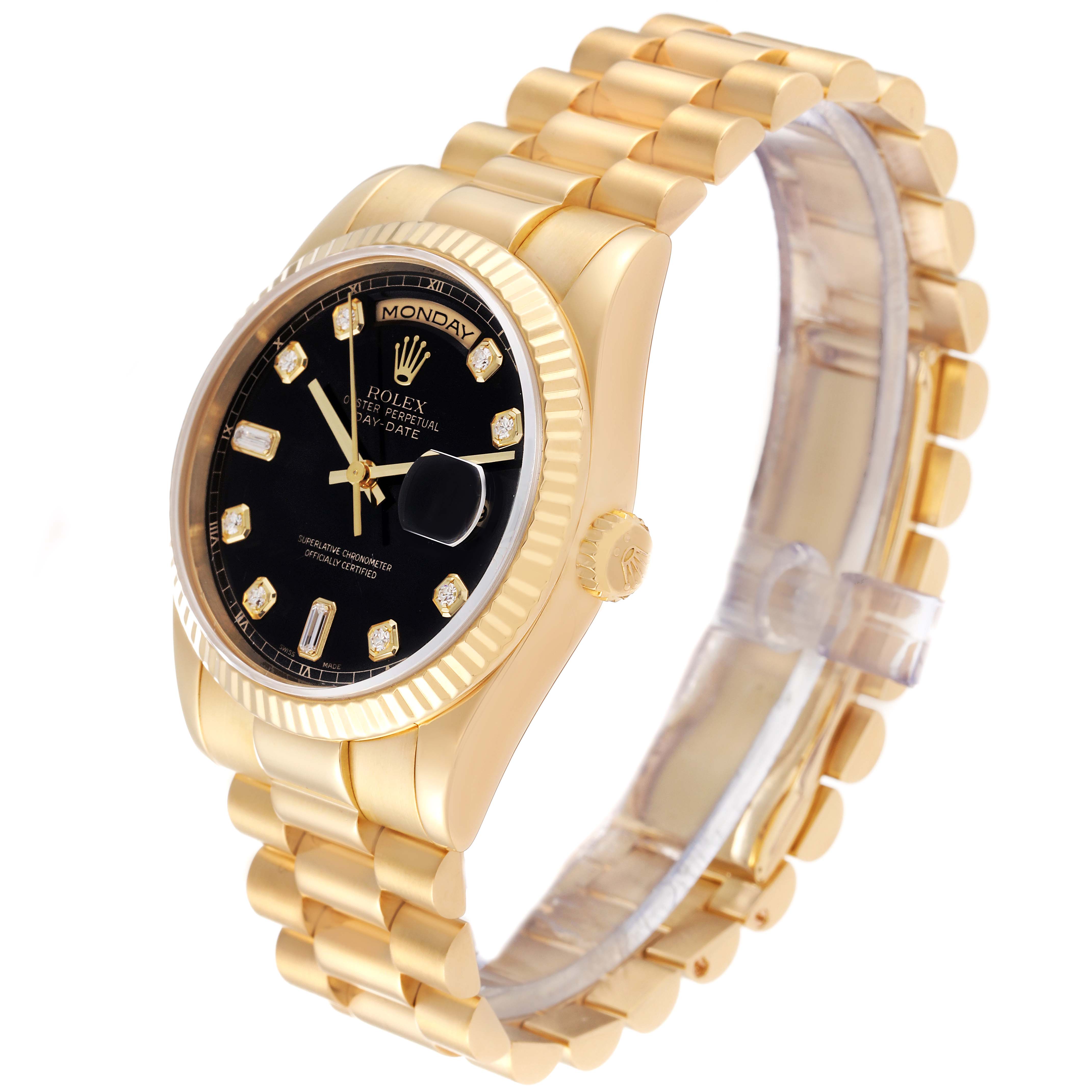 The image shows a Rolex President 118238 Men's Yellow Gold Black Dial 118238 Men's Yellow Gold Black Dial model watch at a three-quarter angle, displaying the gold bracelet, black dial, and case.