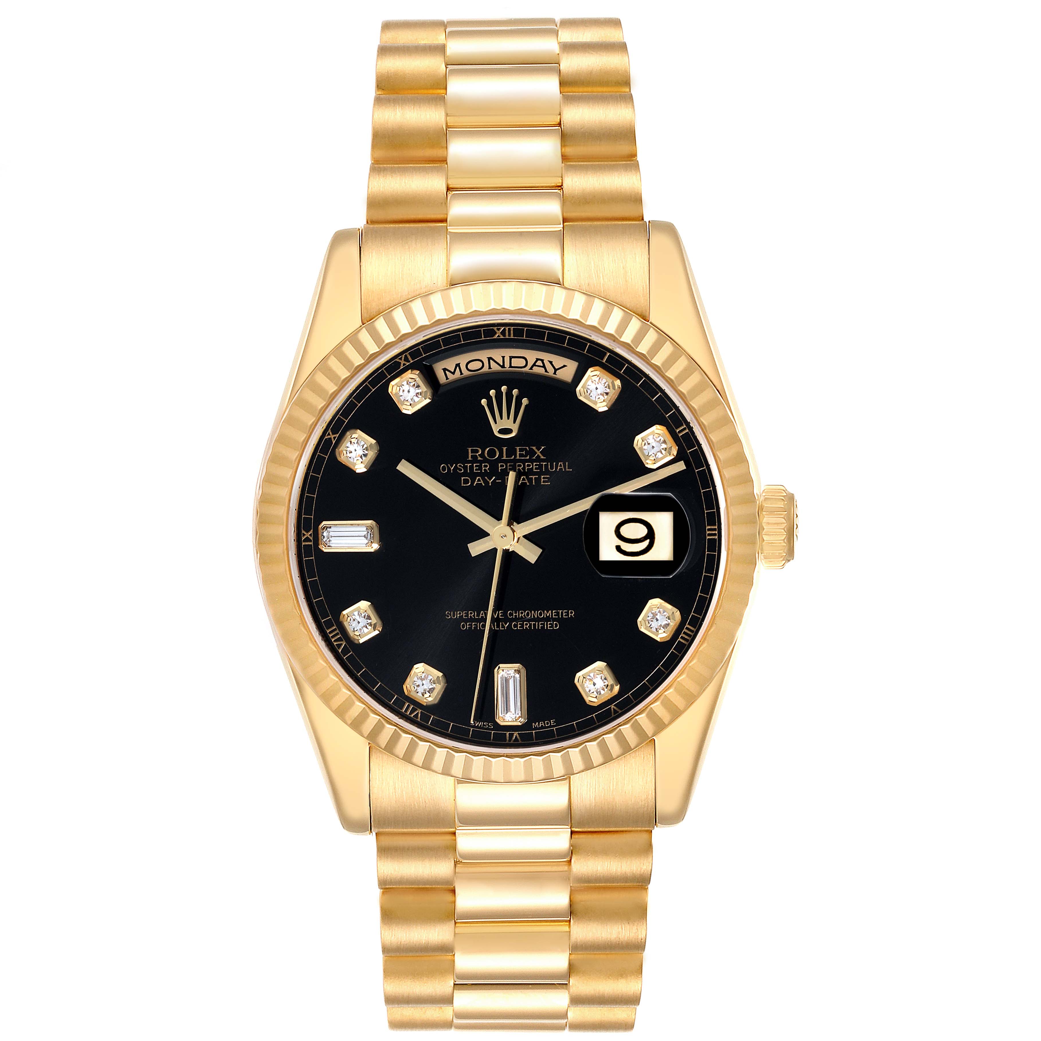 This image shows a front view of the Rolex President 118238 Men's Yellow Gold Black Dial 118238 Men's Yellow Gold Black Dial model watch, highlighting its gold band, black dial, and day-date feature.