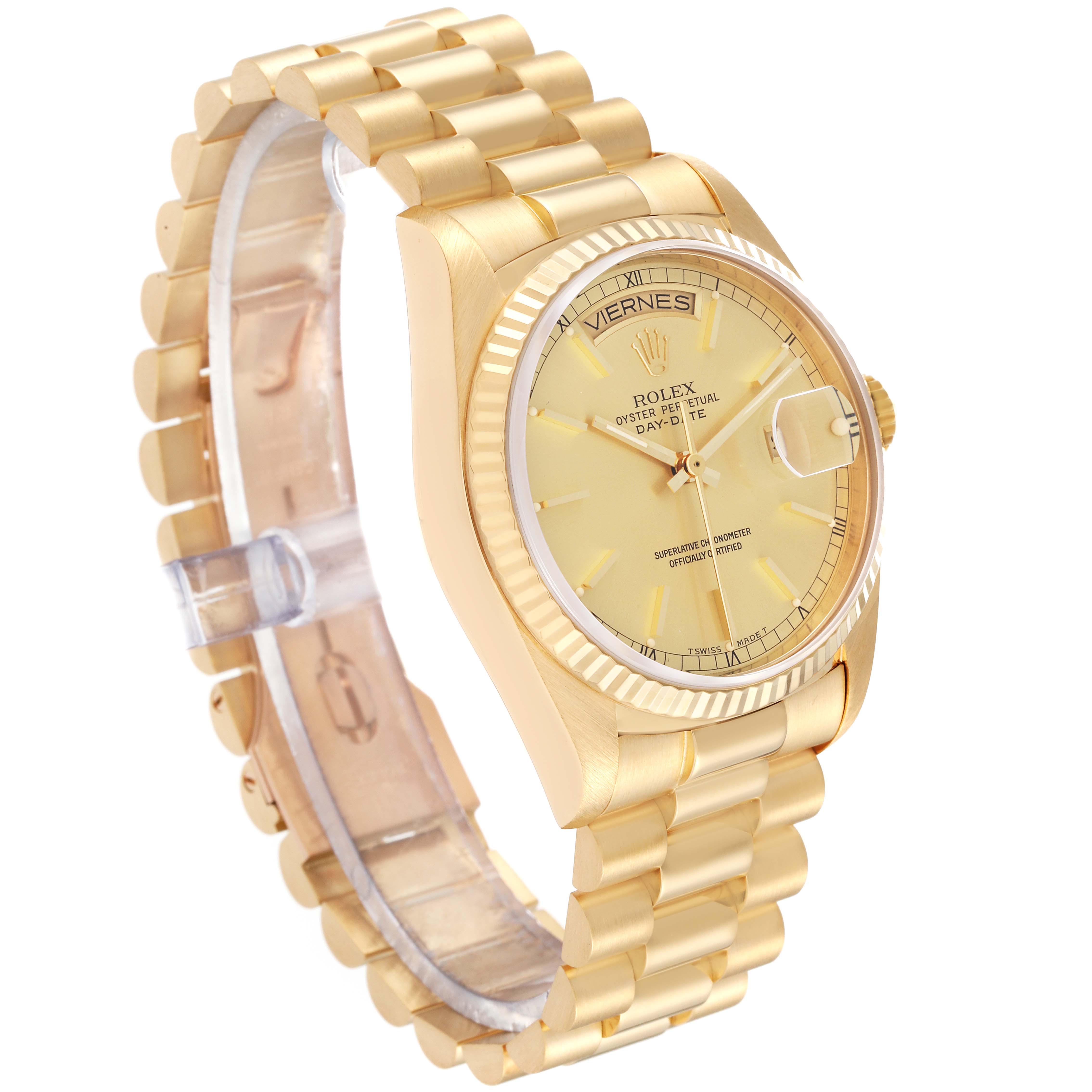 The image shows a side angle of a Rolex President 18038 Men
s Yellow Gold Champagne Dial 18038 Men
s Yellow Gold Champagne Dial watch, highlighting its strap, case, dial, and crown.