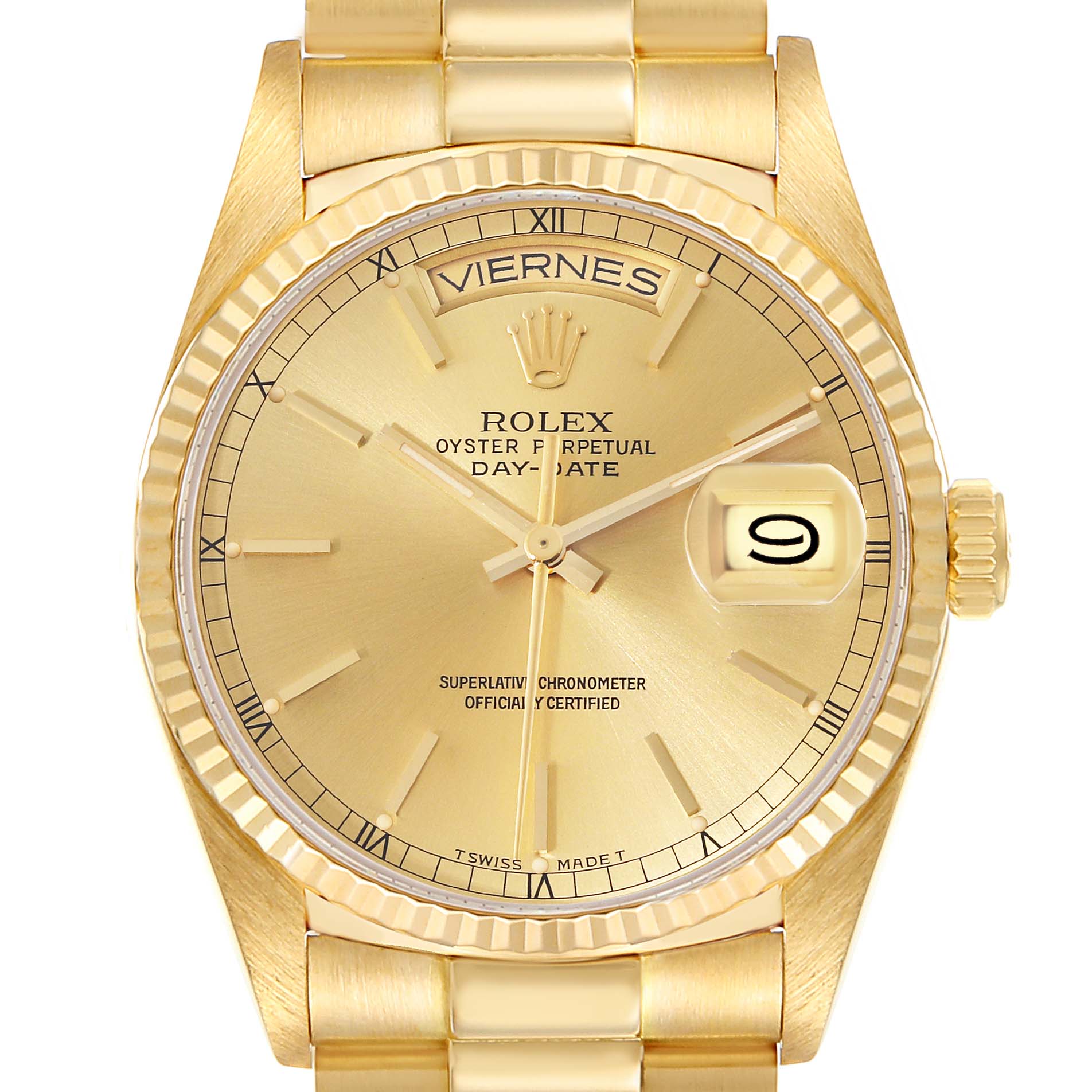 The image shows a front view of a Rolex President 18038 Men
s Yellow Gold Champagne Dial 18038 Men
s Yellow Gold Champagne Dial model watch, highlighting its face, day and date display, and part of its bracelet.