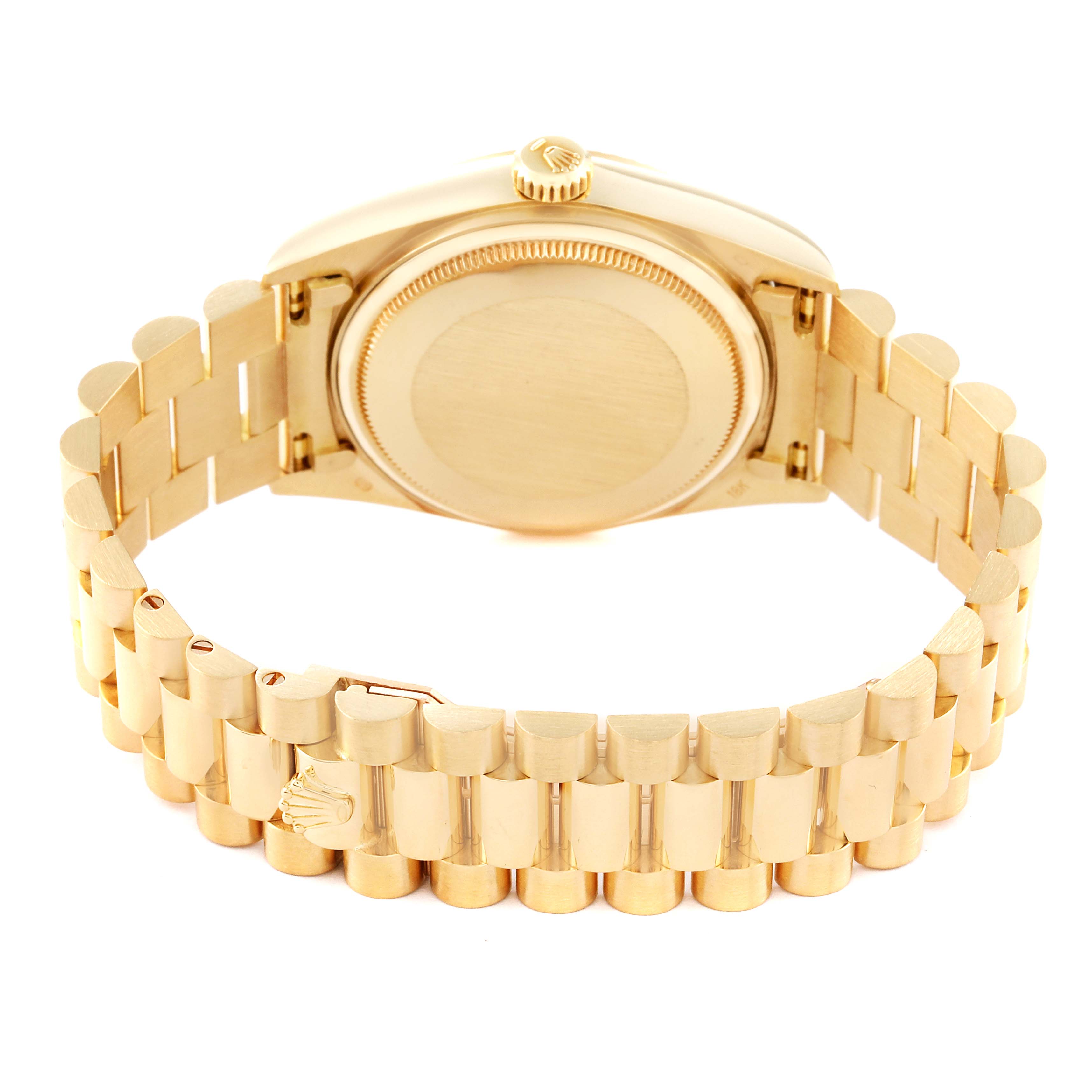 The image shows the back view of the Rolex President 18038 Men
s Yellow Gold Champagne Dial 18038 Men
s Yellow Gold Champagne Dial model watch, highlighting its case back and bracelet.